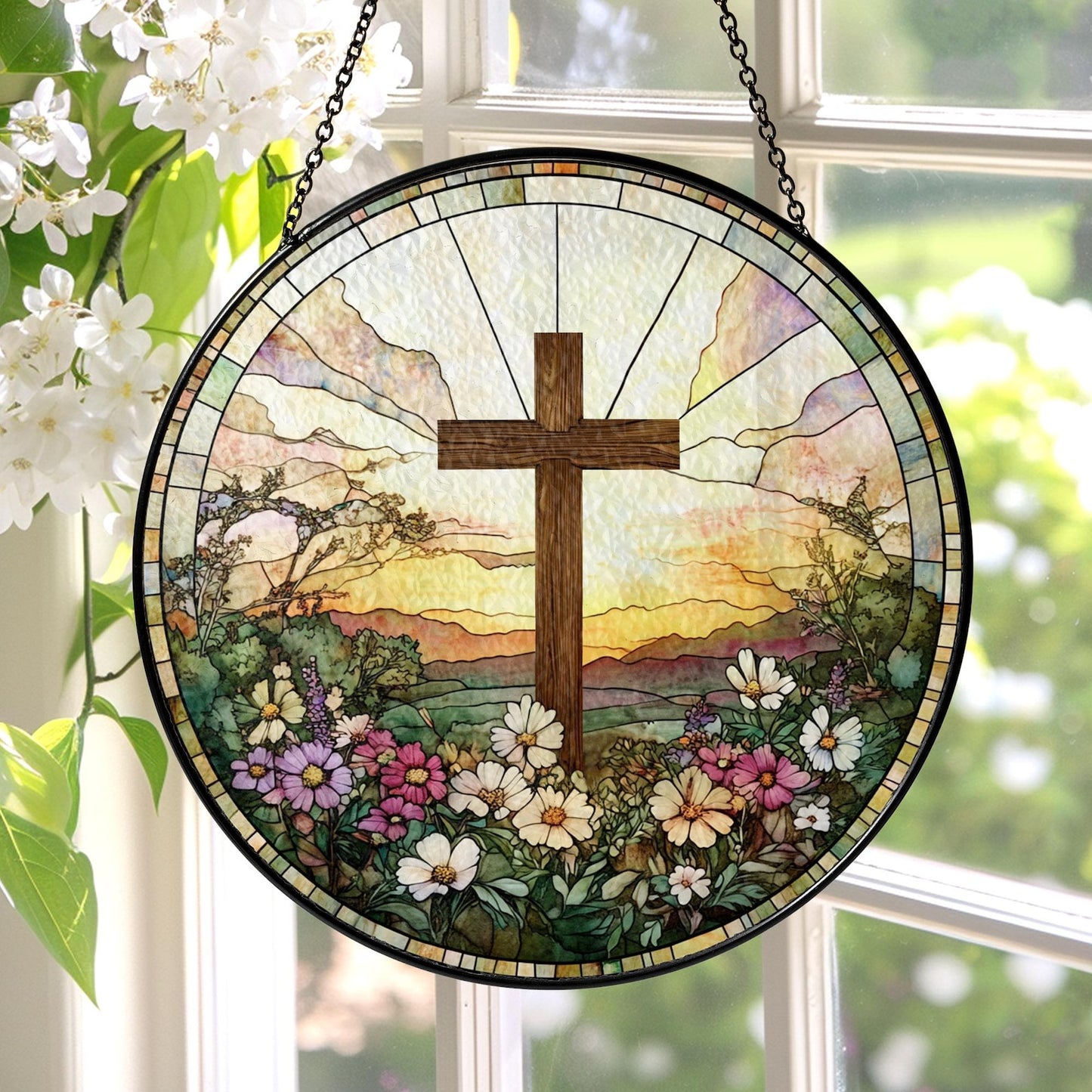 Stained Glass Cross And Wildflowers Suncatcher Christian Glass Windows Hanging Flower Cross Gift For Religious Easter Faith Cross Home Decor, Glass Suncatcer Decor (Sun-56)