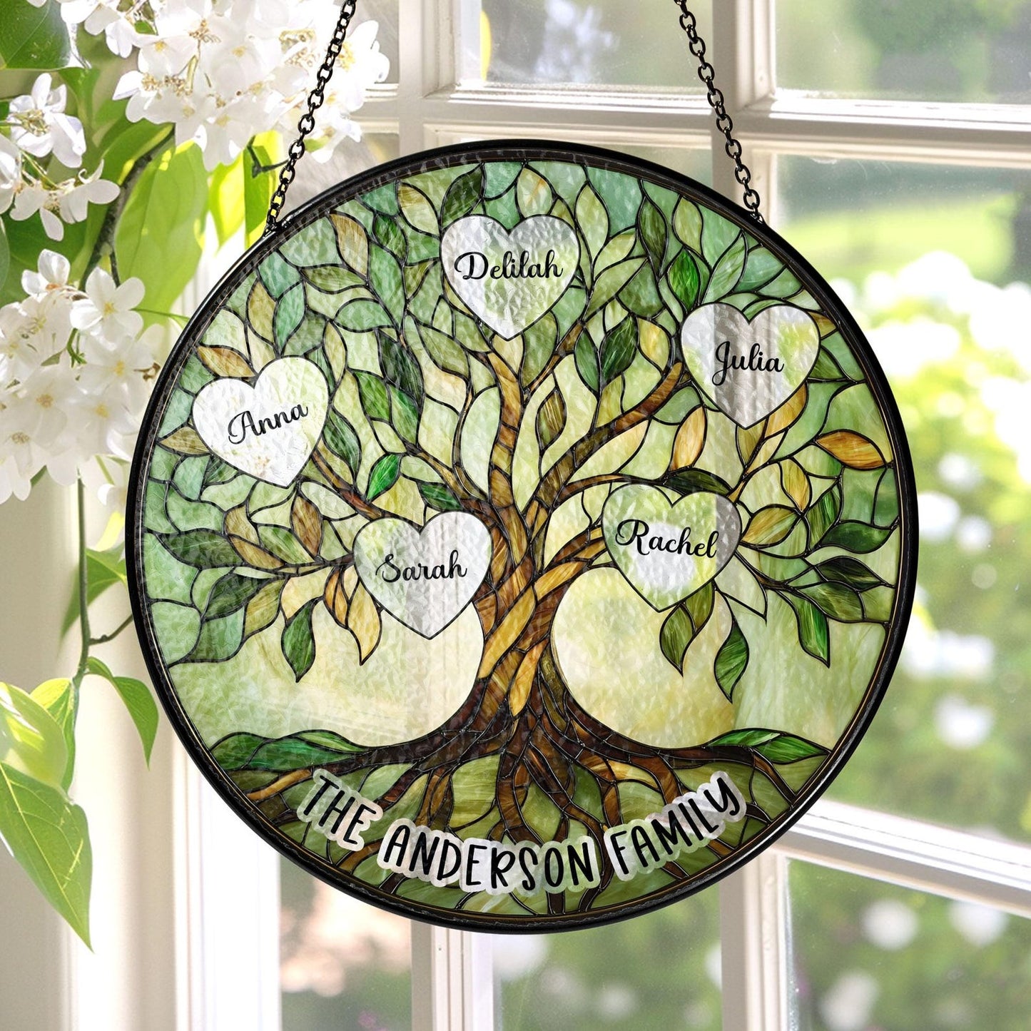 Stained Glass Family Tree Glass Suncatcher, Mother's Day Window Hanging, Father's Day Gift for Grandma, Family Tree of Life Decor (Sun-139)