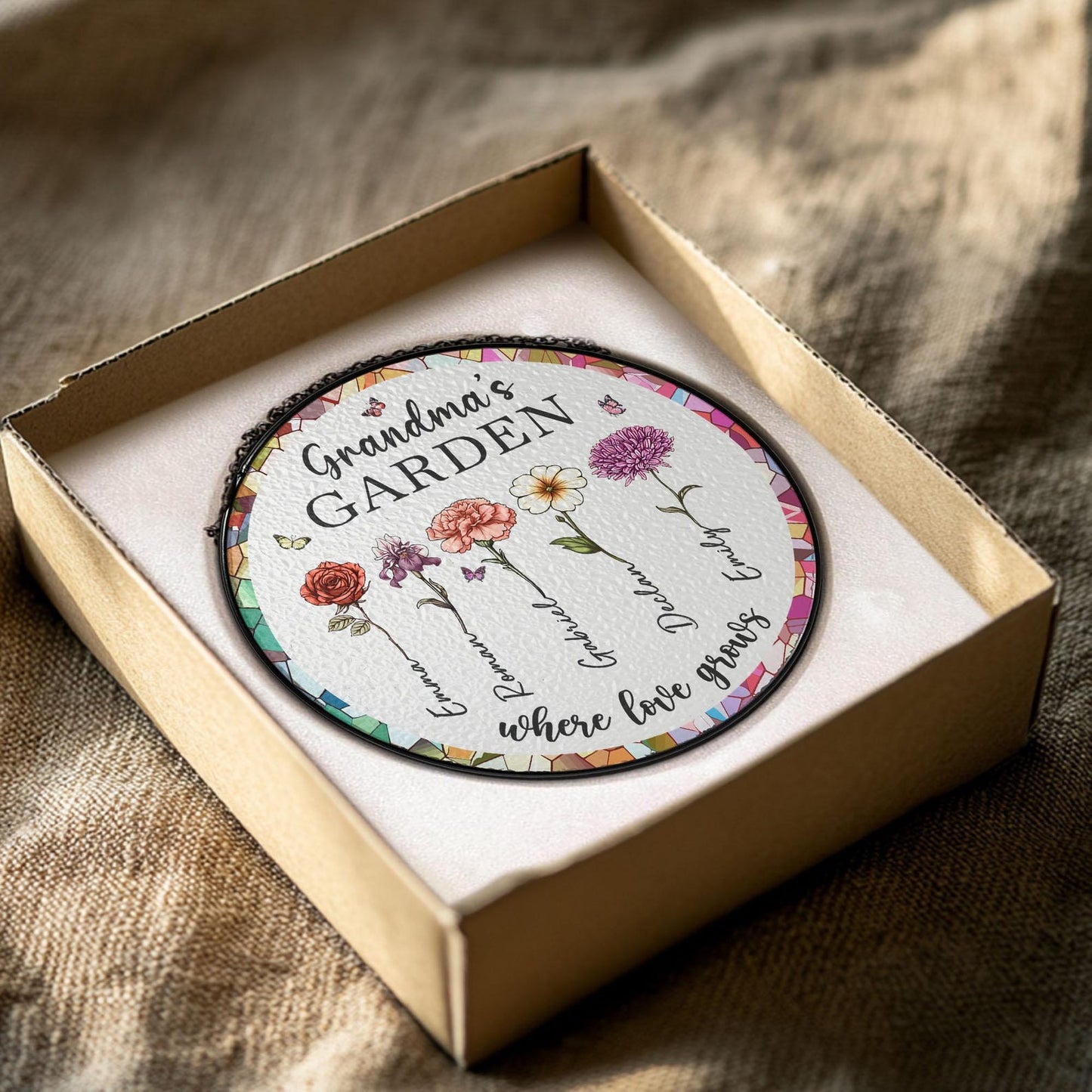Grandma's Garden Glass Suncatcher Gift For Grandma,Personalized Birth Flower Stained Glass Window Glass Suncatcher,Mother's Day Gift For Grandma, Glass Suncatcher (Sun-74)