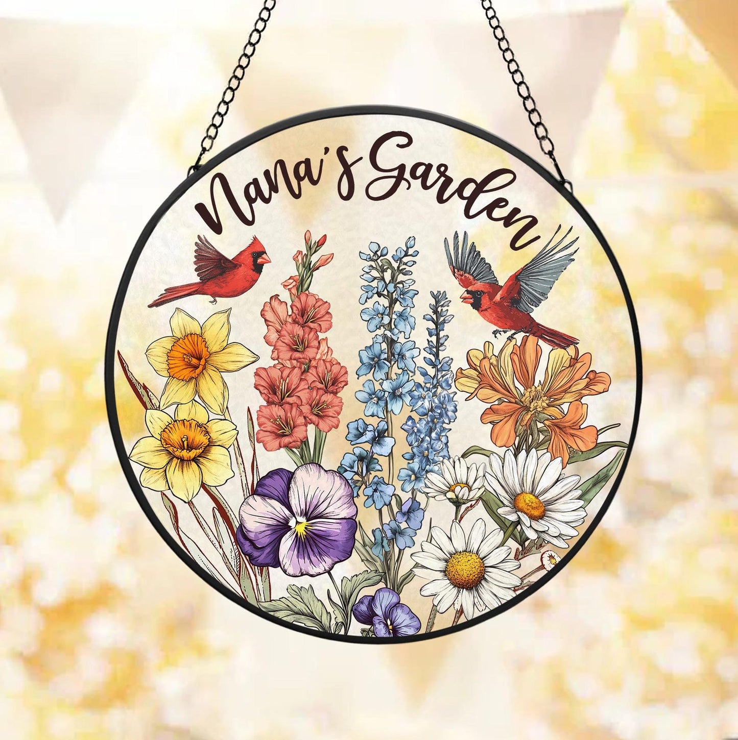 Custom Birth Flowers Glass Suncatcher, Mom's Garden Gift, Cardinal Birth Flowers Gift, Gift For Grandma, Gift For Mom, Flower Glass Art (Sun-58)