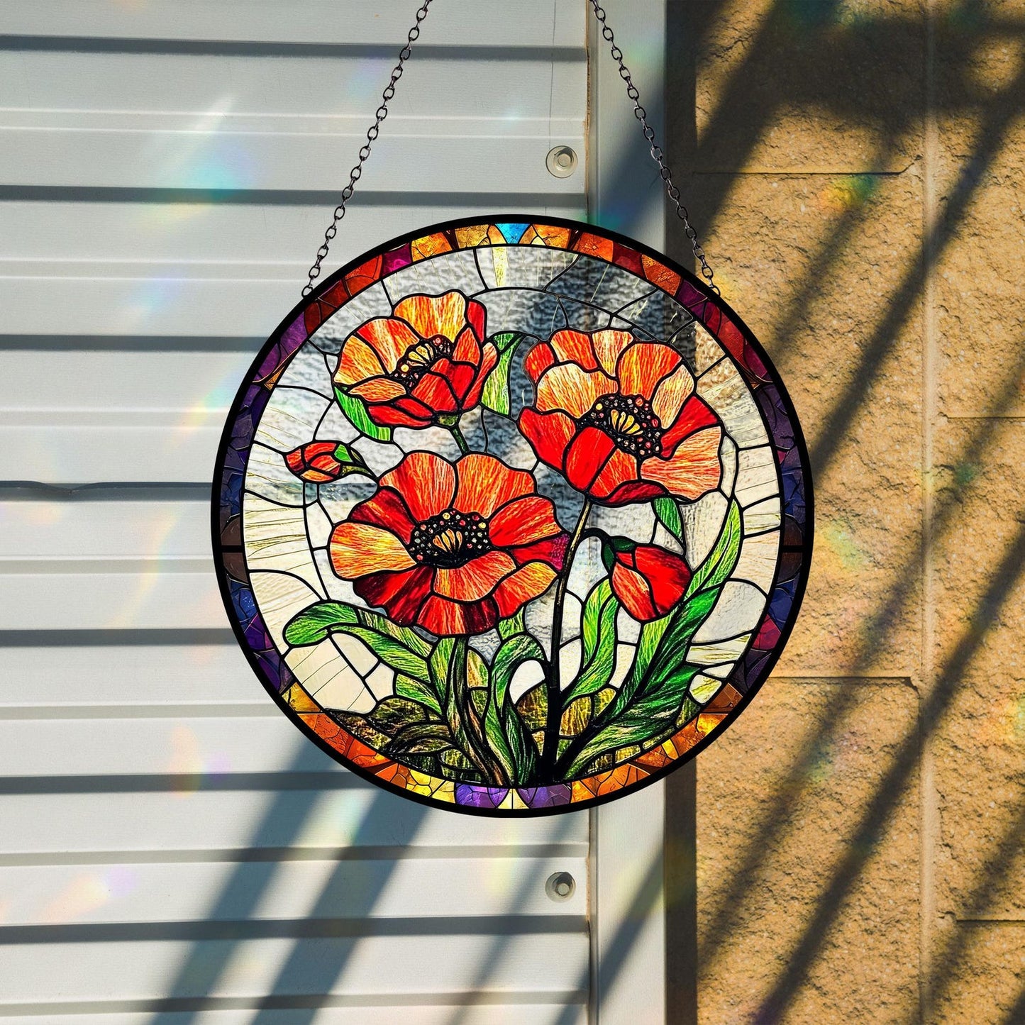 Poppy Flowers Glass Suncatcher, Artistic Poppy, Stained Glass Plant Home Decor, Unique Botanical Art Window Hanging, Nana's Blessings, Memory Day (Sun-73)