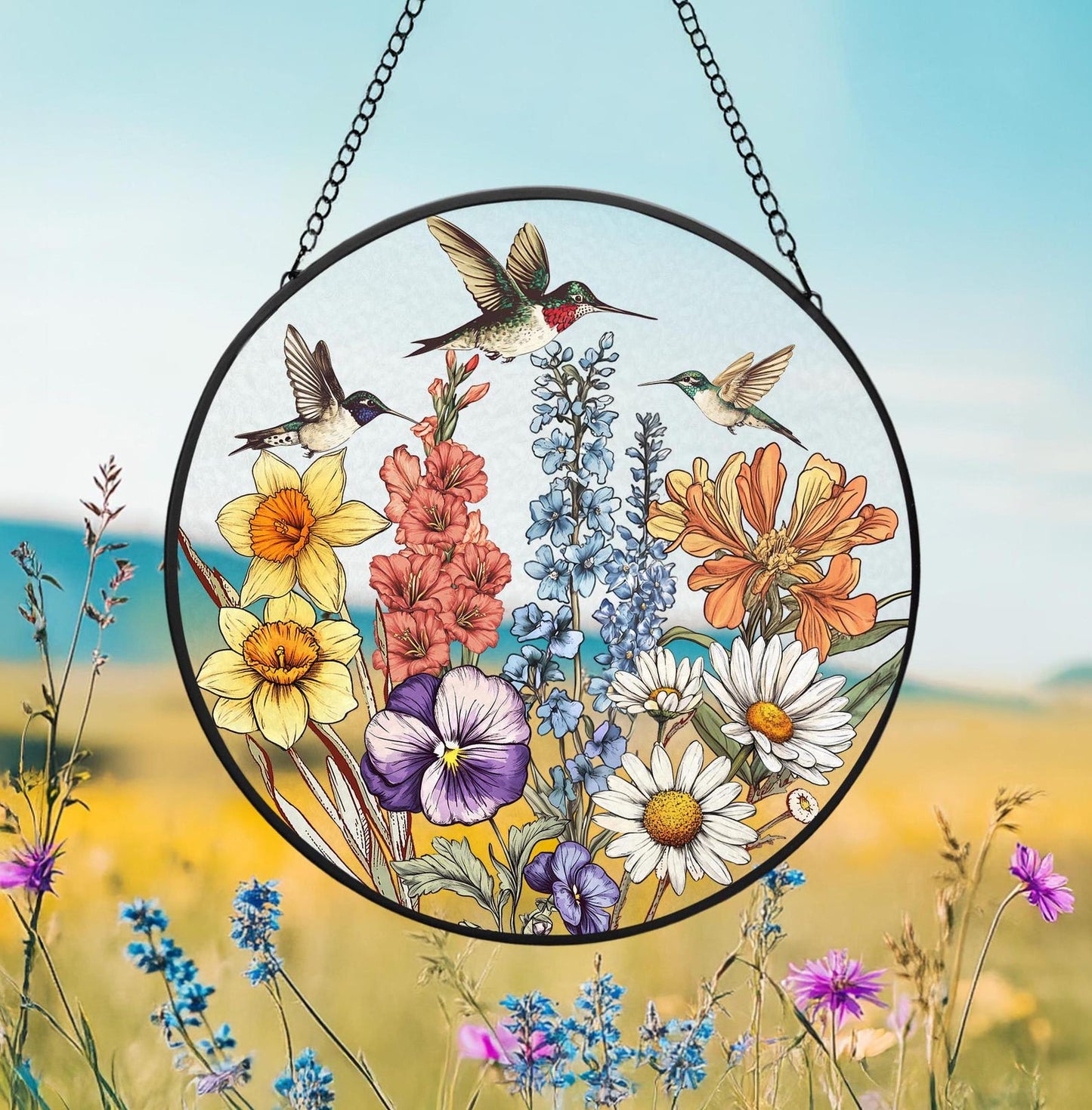 Custom Birth Flowers Glass Suncatcher, Mom's Garden Gift, Cardinal Birth Flowers Gift, Gift For Grandma, Gift For Mom, Flower Glass Art (Sun-58)