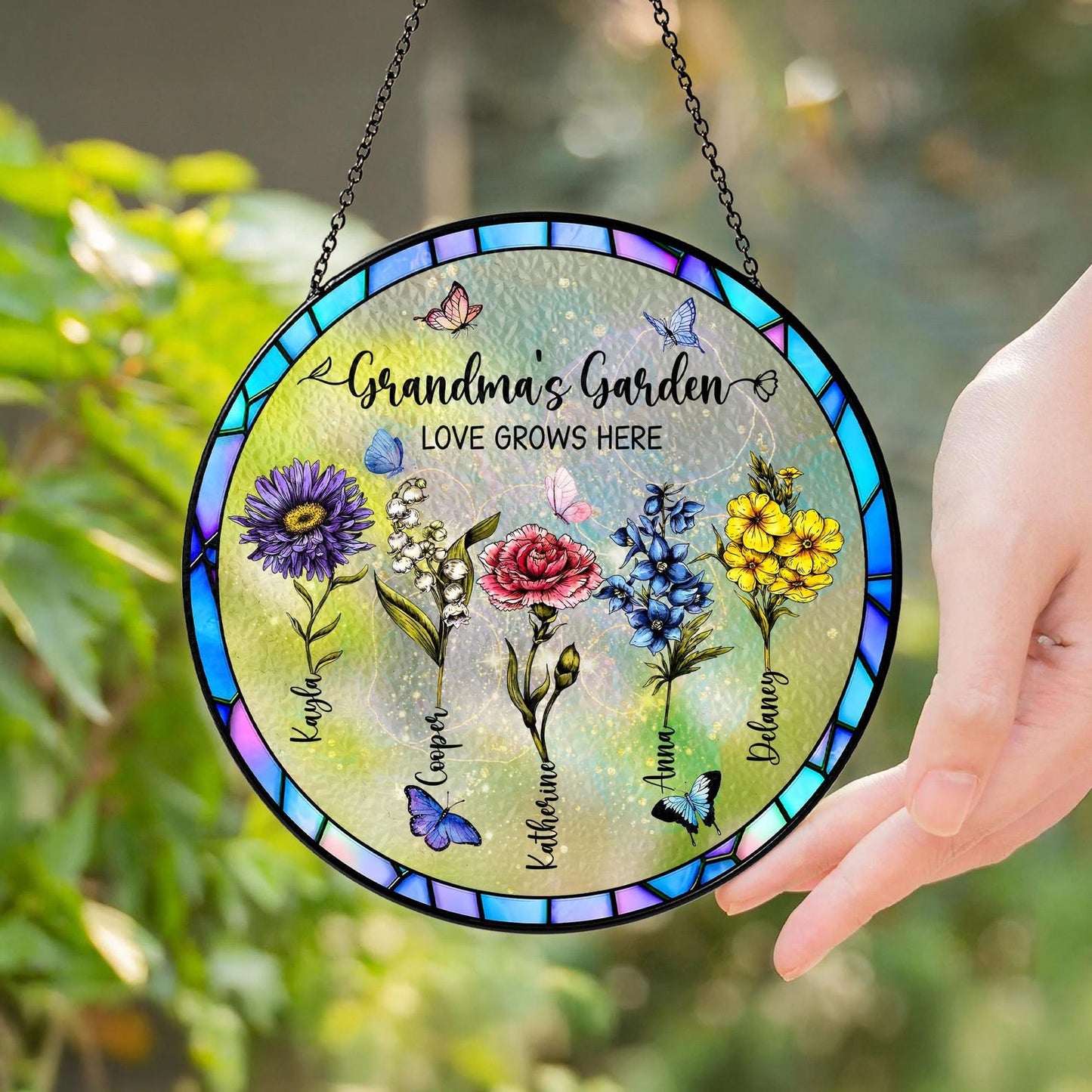 Custom Family Birth Flowers Glass Suncatcher, Grandma's Garden Stained Glass Suncatcher Home Decor, Mother's Day Gift, Flower Glass Art (Sun-59)