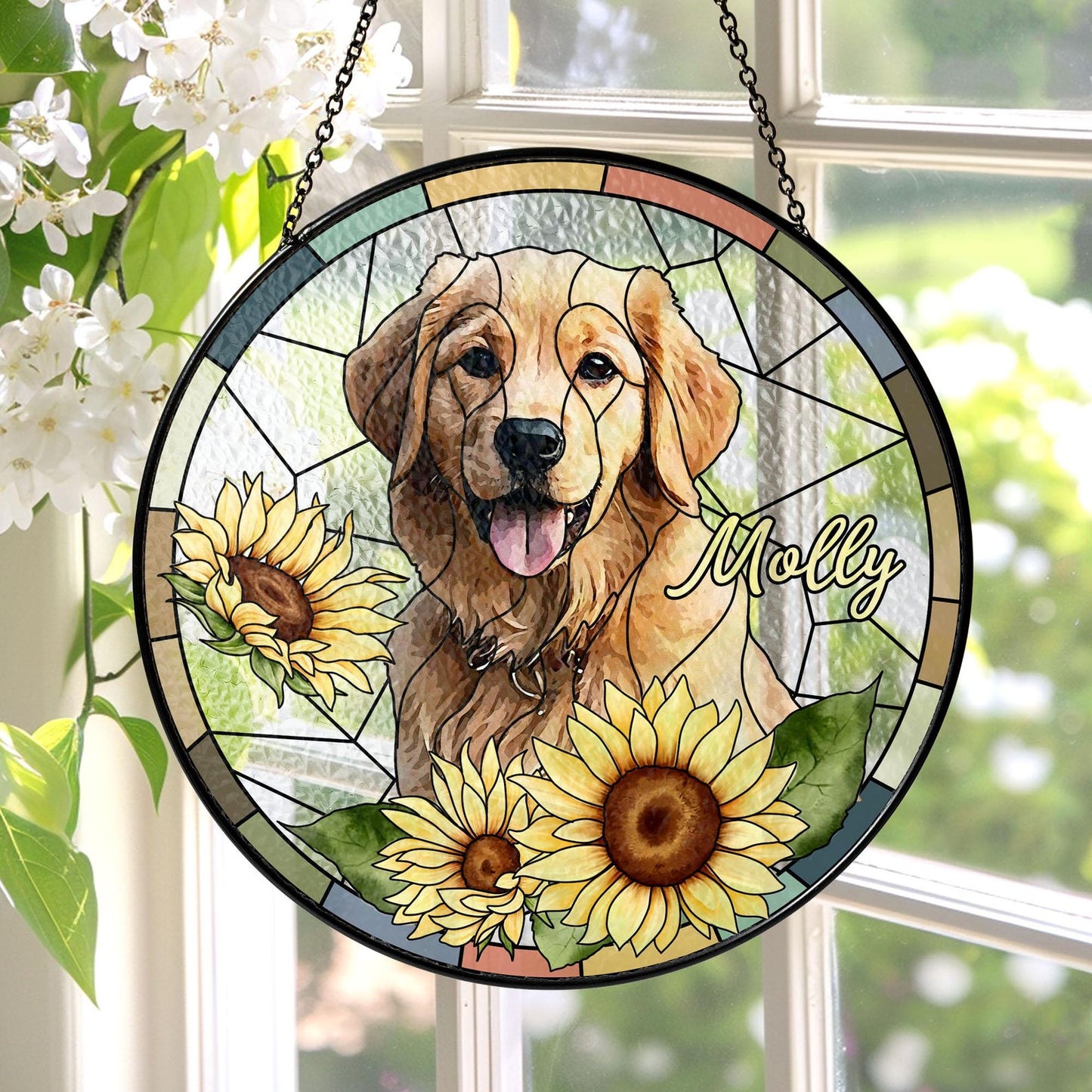 Personalized Pet Portrait Stained Glass Suncatcher, Custom Dog Portrait from Photo, Dog Portrait Art Suncatcher, Stained Glass Dog Memorial (Sun-117)