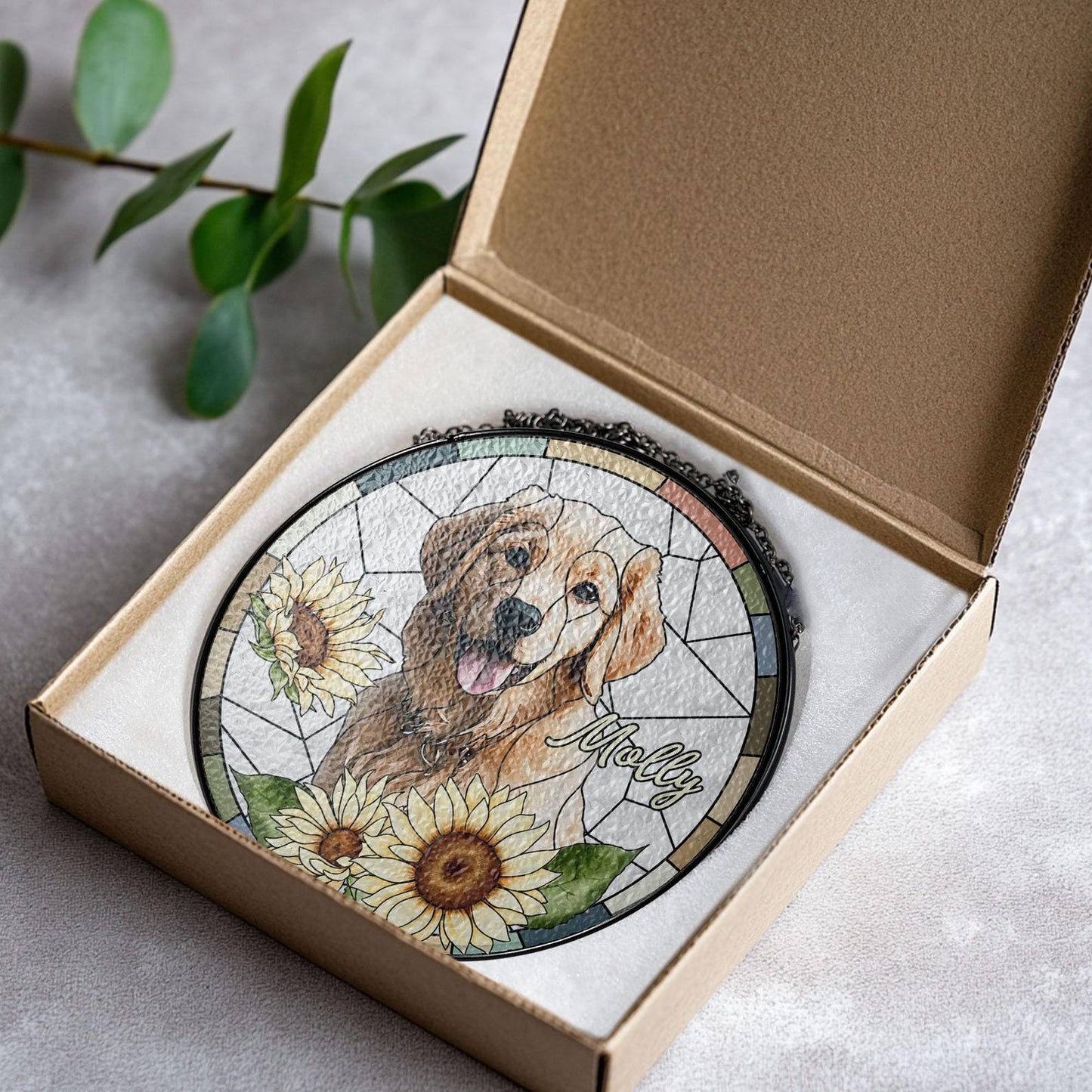 Personalized Pet Portrait Stained Glass Suncatcher, Custom Dog Portrait from Photo, Dog Portrait Art Suncatcher, Stained Glass Dog Memorial (Sun-117)