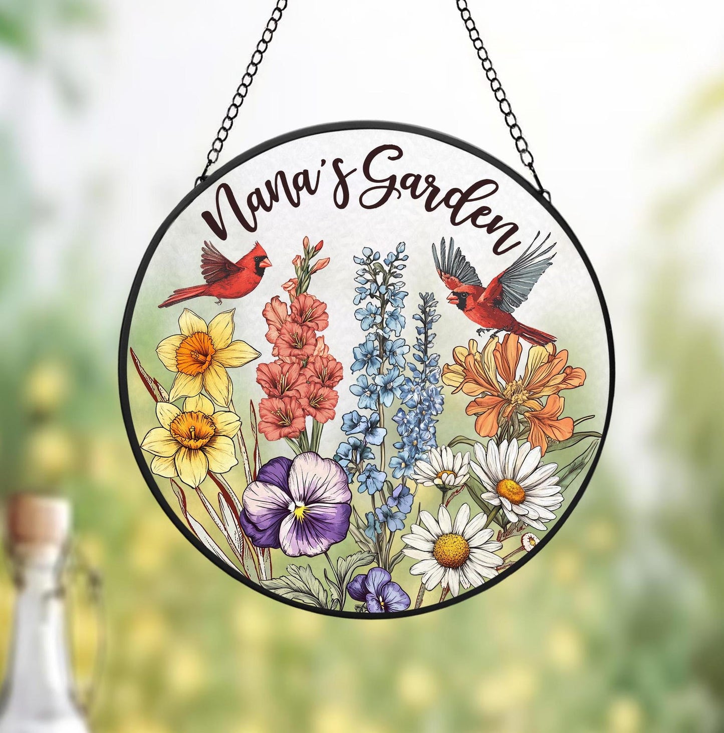 Custom Birth Flowers Glass Suncatcher, Mom's Garden Gift, Cardinal Birth Flowers Gift, Gift For Grandma, Gift For Mom, Flower Glass Art (Sun-58)