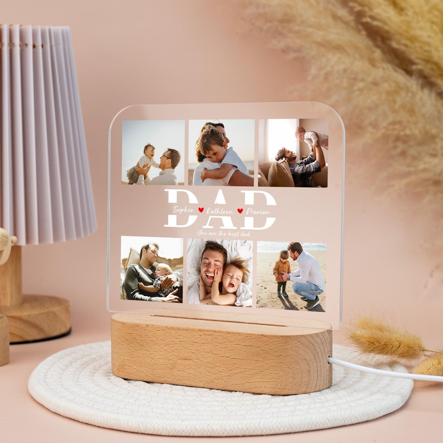 Personalized Dad Night Light Gifts, Custom Photo Collage Night Light, Birthday Gifts for Dad Grandpa, Gift from Daughter, LED Light with Kids Names (DNL-28)