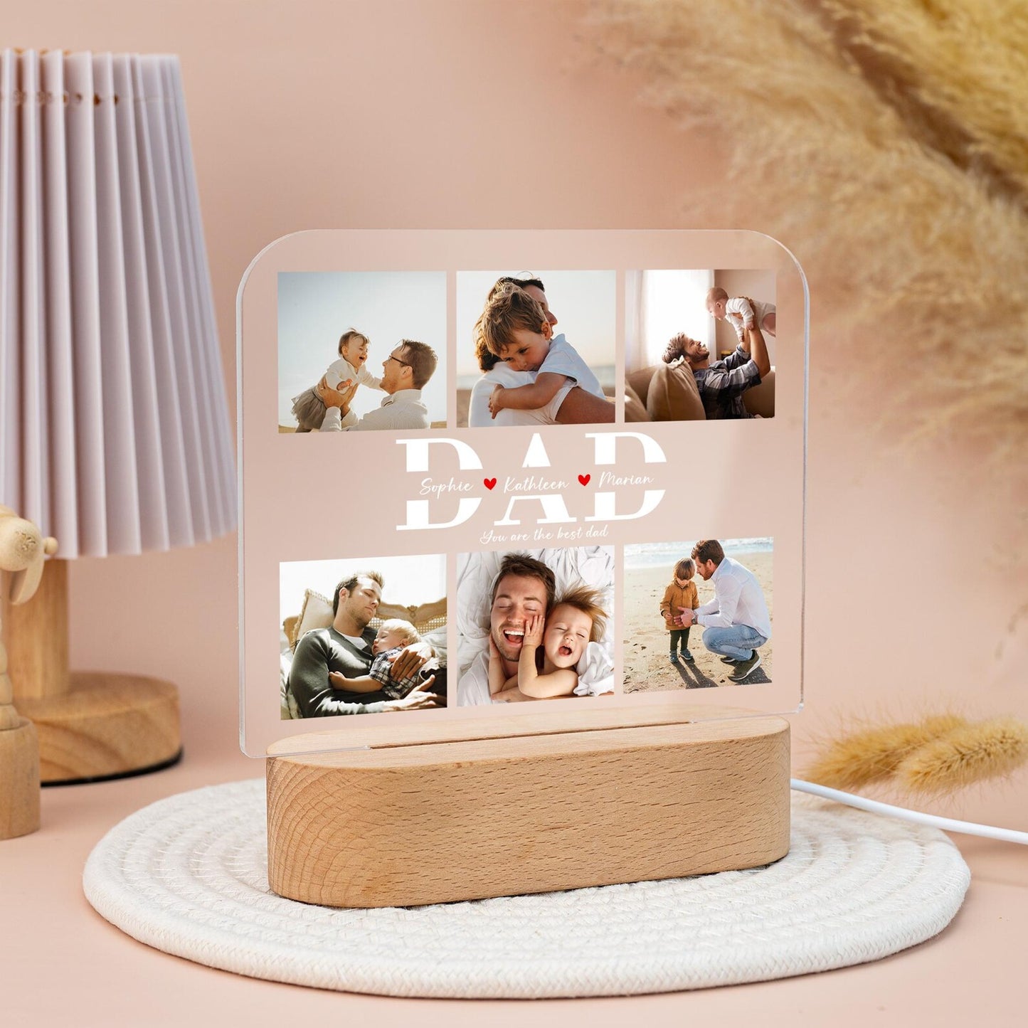 Personalized Dad Night Light Gifts, Custom Photo Collage Night Light, Birthday Gifts for Dad Grandpa, Gift from Daughter, LED Light with Kids Names (DNL-28)