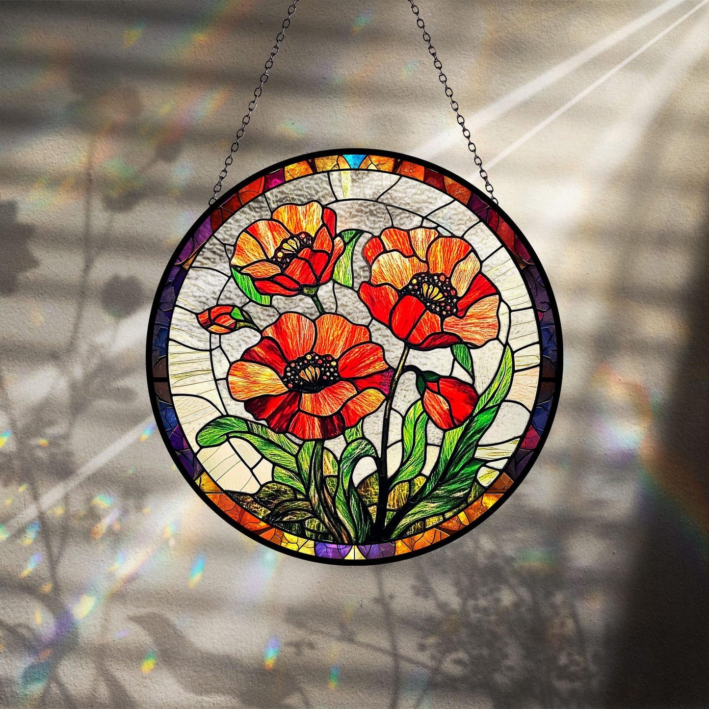 Poppy Flowers Glass Suncatcher, Artistic Poppy, Stained Glass Plant Home Decor, Unique Botanical Art Window Hanging, Nana's Blessings, Memory Day (Sun-73)
