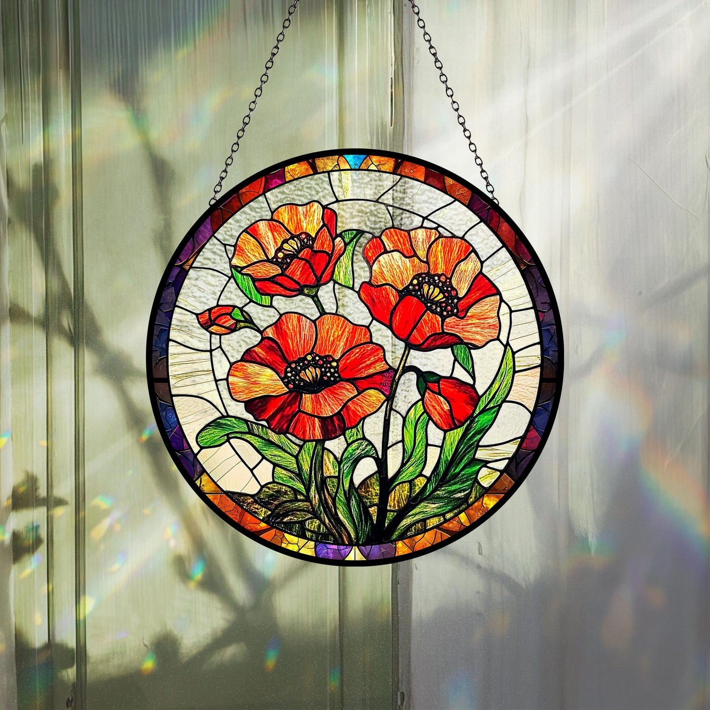 Poppy Flowers Glass Suncatcher, Artistic Poppy, Stained Glass Plant Home Decor, Unique Botanical Art Window Hanging, Nana's Blessings, Memory Day (Sun-73)