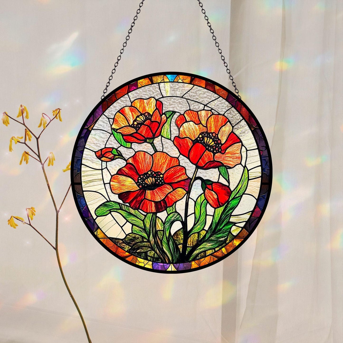 Poppy Flowers Glass Suncatcher, Artistic Poppy, Stained Glass Plant Home Decor, Unique Botanical Art Window Hanging, Nana's Blessings, Memory Day (Sun-73)