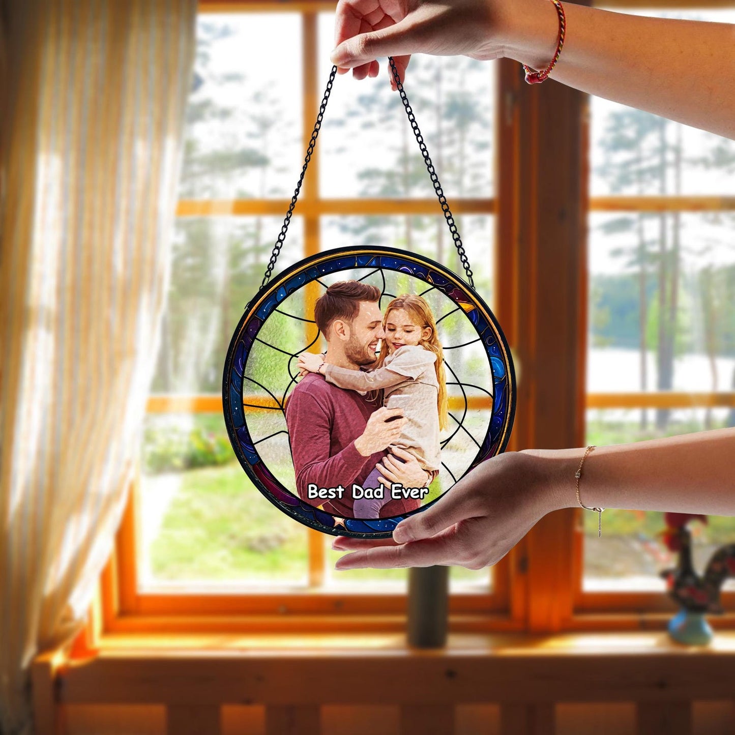 Personalized Dad Portrait Stained Glass Suncatcher, Dad and Kids Window Hanging, Father's Day Gifts, Gifts for Grandpa or Dad, New Dad Gifts (Sun-159)