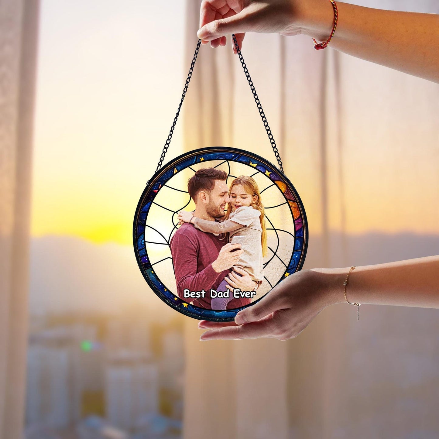 Personalized Dad Portrait Stained Glass Suncatcher, Dad and Kids Window Hanging, Father's Day Gifts, Gifts for Grandpa or Dad, New Dad Gifts (Sun-159)