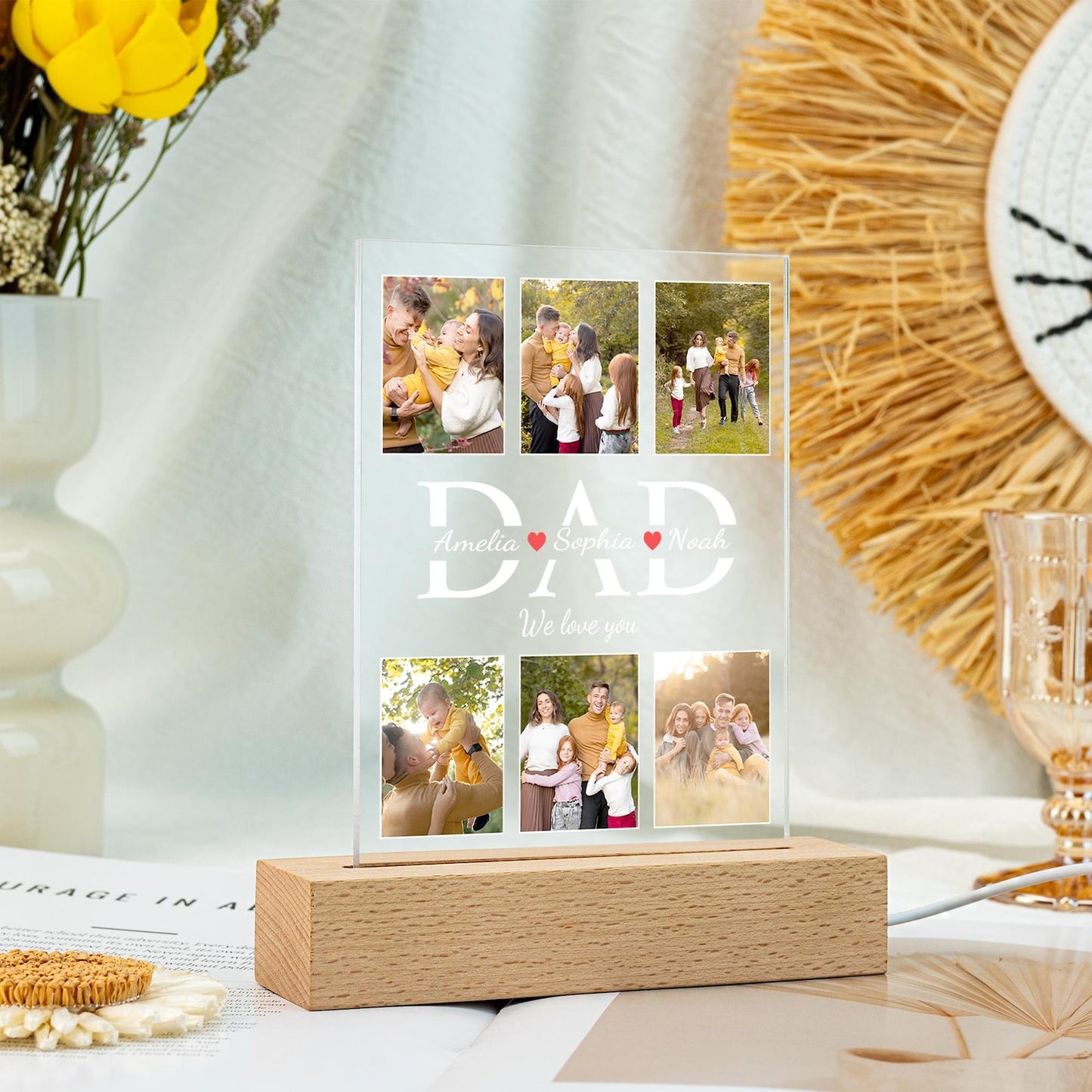 Dad Night Light with Family Photo, Unique LED Gift for Husband or Grandpa, Father’s Day or Birthday Present from Kids, Best Dad Keepsake (DNL-18)