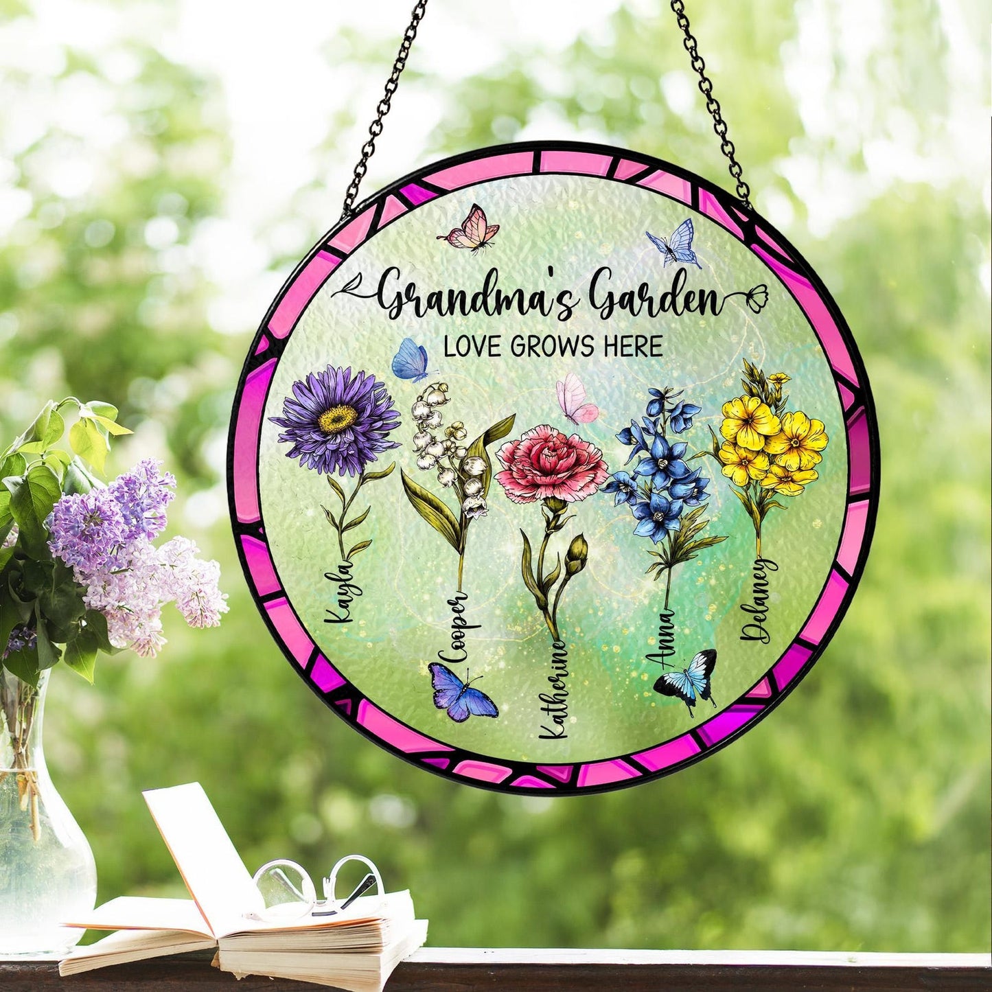 Custom Family Birth Flowers Glass Suncatcher, Grandma's Garden Stained Glass Suncatcher Home Decor, Mother's Day Gift, Flower Glass Art (Sun-59)