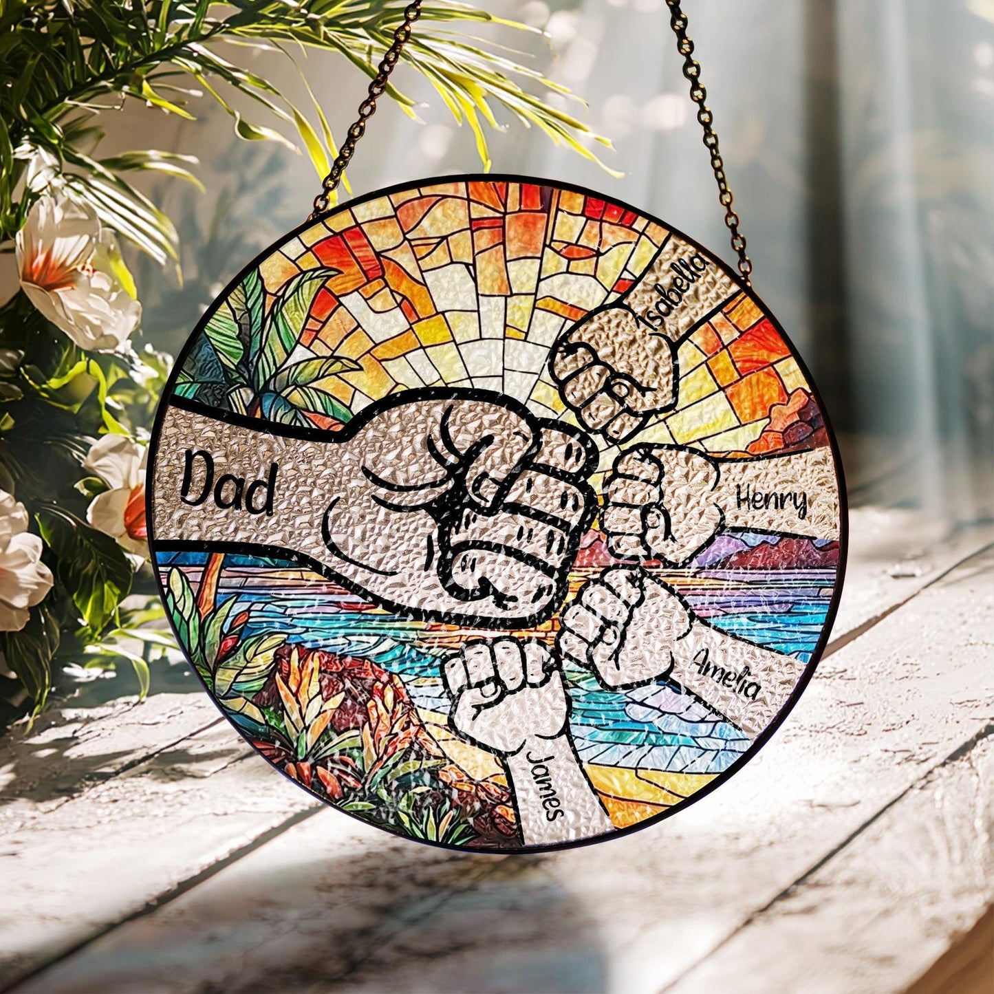 Personalized Fist Bump Dad Stained Glass Suncatcher, Father's Day Gift, Custom Dad With Kids Names, Family Name Suncatcher Window Hanging (Sun-153)