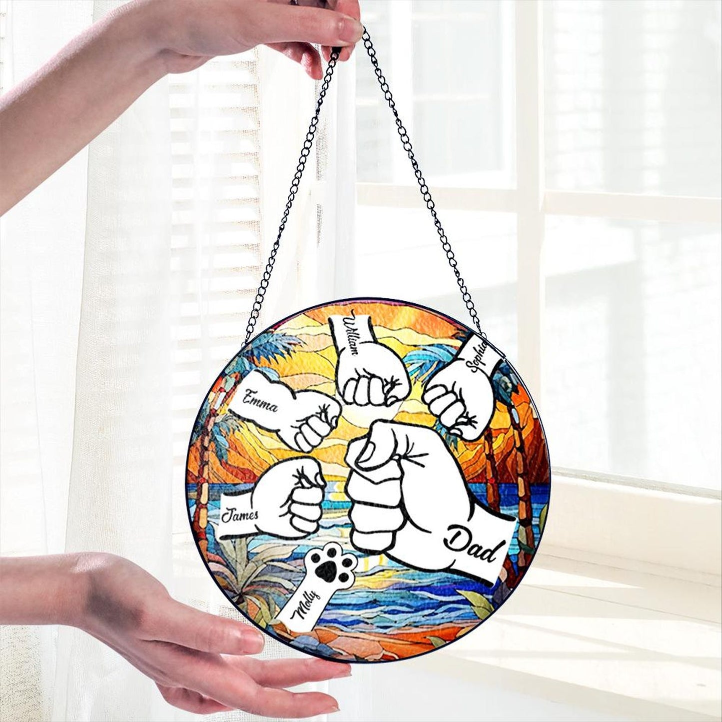 Custom Fist Bump Dad Glass Suncatcher, Custom Dad With Kids Names, Family Name Glass Suncatcher Window Hanging, Father's Day Gift (Sun-128)