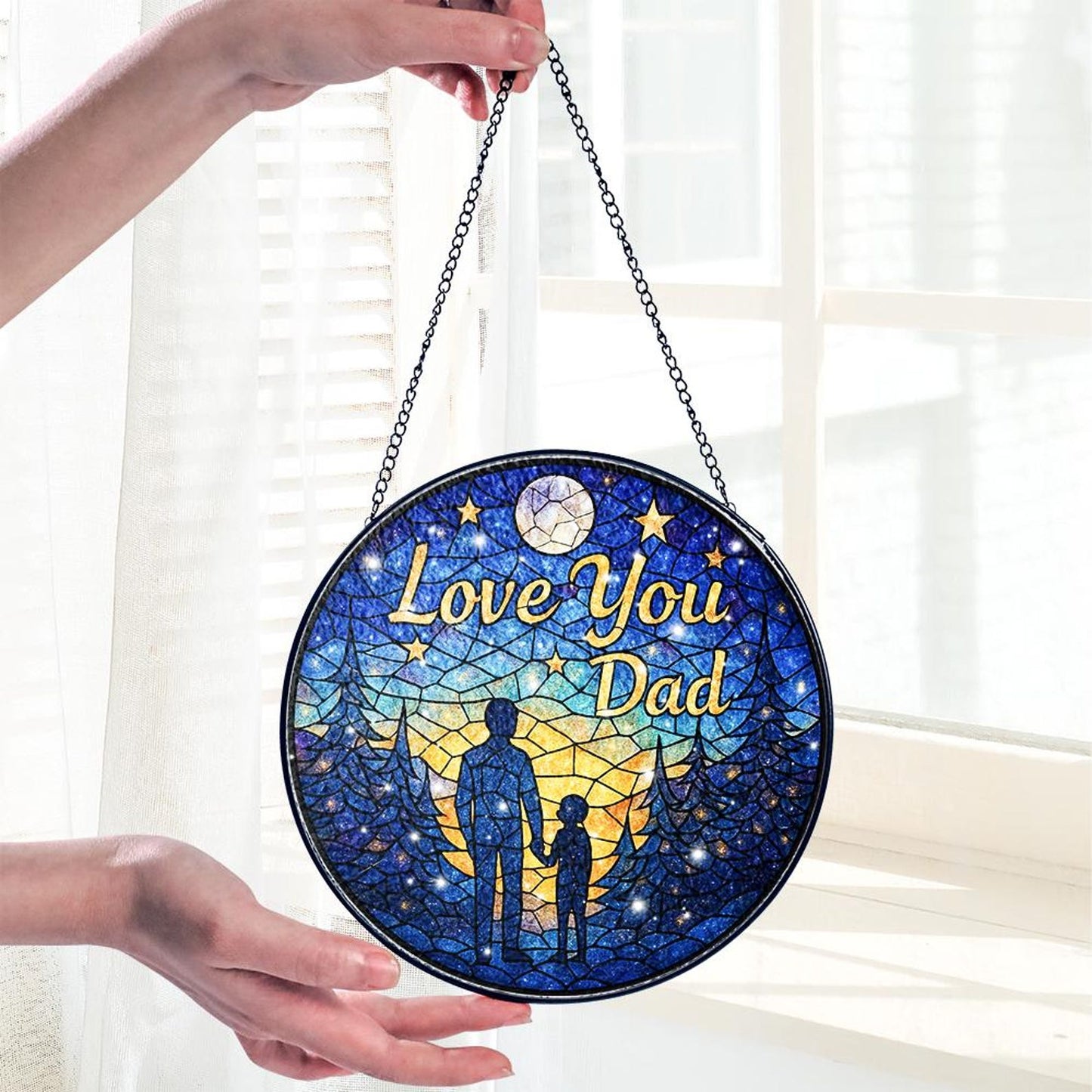 Celestial Father Daughter Glass Suncatcher, Round Window Hanging Decor, Love You Dad Gift, Father's Day Glass Suncatcher, Dad Gift Idea (Sun-144)