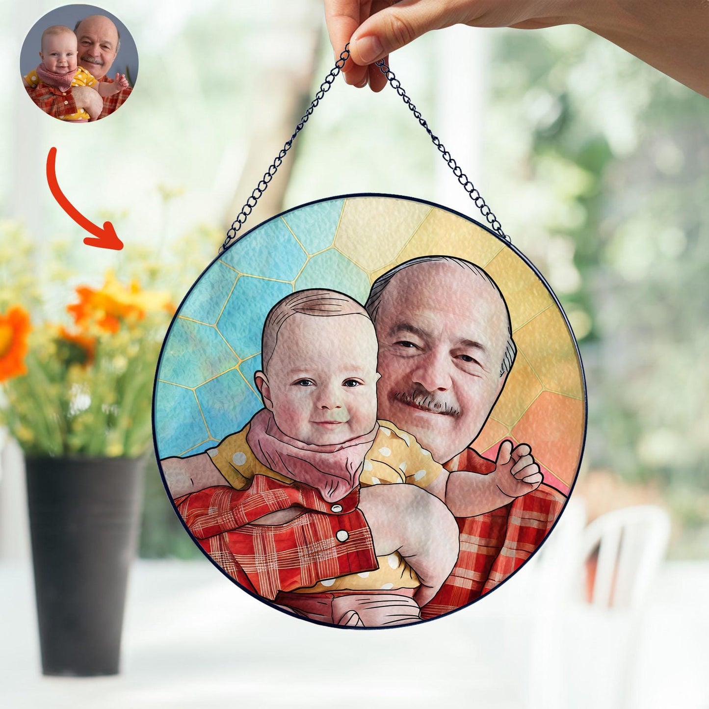 Custom Photo Stained Glass Gift for Grandpa, New Dad Gift, Custom Dad Photo Stained Glass Suncatcher, Fathers Day Gift for Dad, Dad Birthday (Sun-127)
