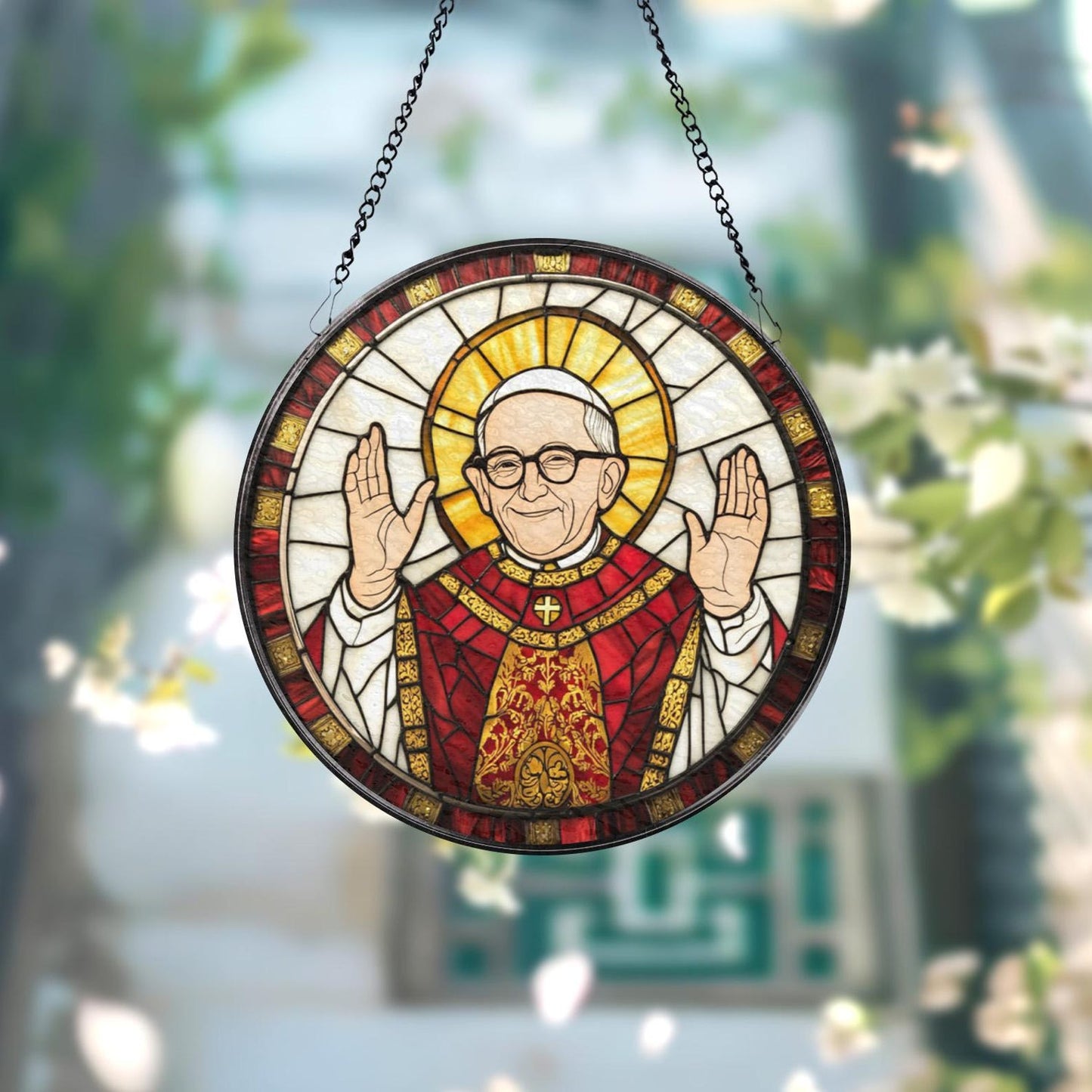 Catholic Pope Glass Suncatcher for Window, Stained Glass Style Hanging Decor, Religious Christian Gift for Home or Church Altar (Sun-118)