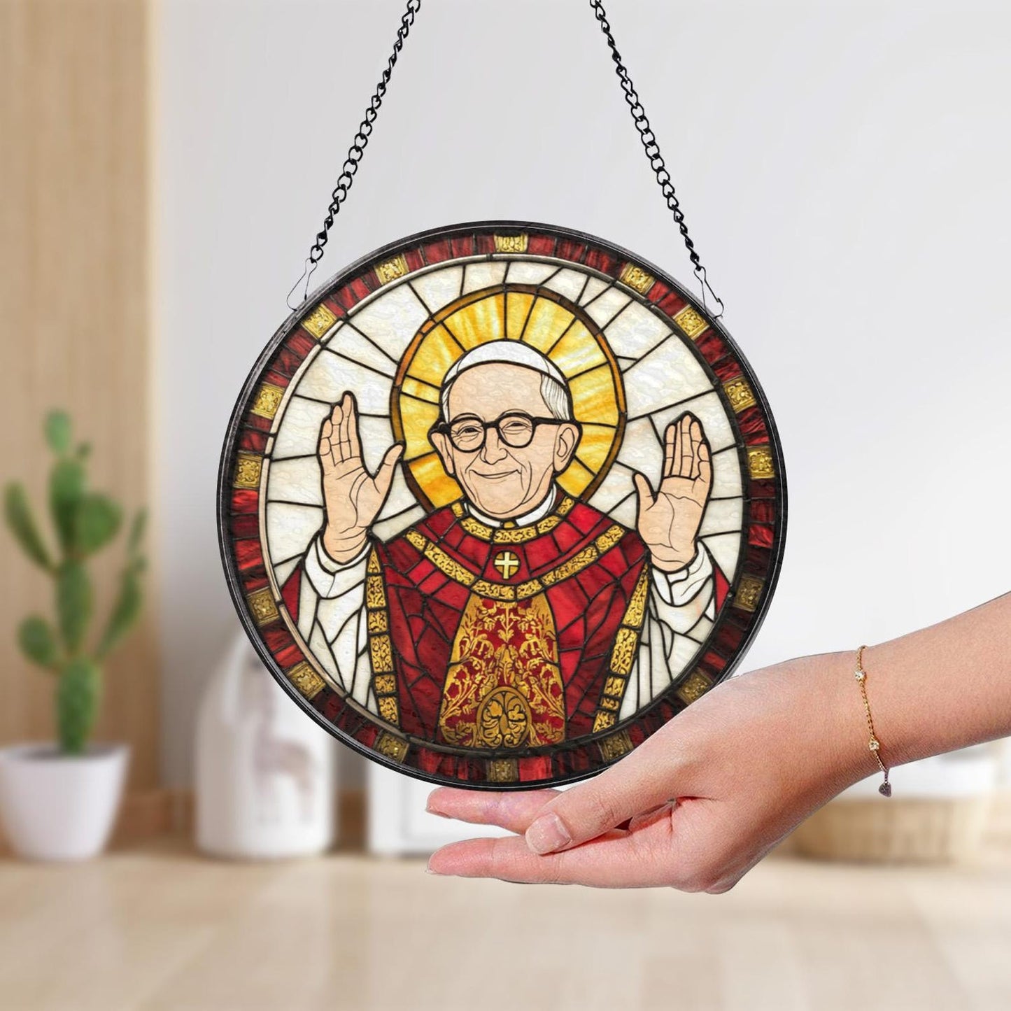 Catholic Pope Glass Suncatcher for Window, Stained Glass Style Hanging Decor, Religious Christian Gift for Home or Church Altar (Sun-118)