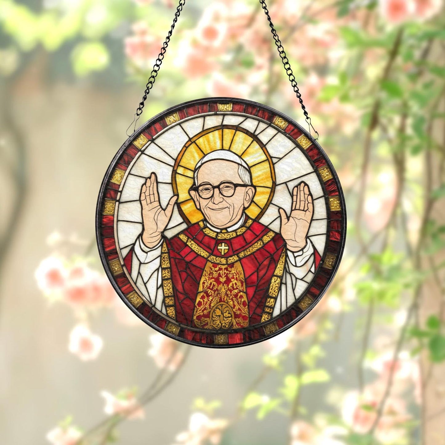 Catholic Pope Glass Suncatcher for Window, Stained Glass Style Hanging Decor, Religious Christian Gift for Home or Church Altar (Sun-118)