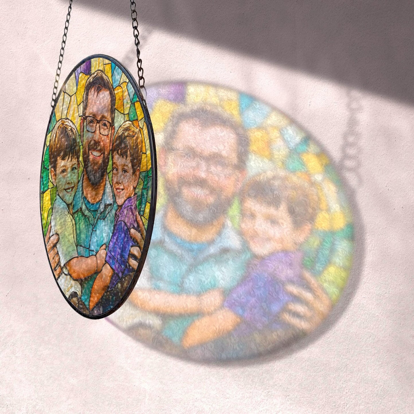 Personalized Dad And Kids Portrait Faux Glass Suncatcher, Custom Portrait From Photo Window Hanging, Father's Day Gift For Daddy, Birthday Dad (Sun-129)