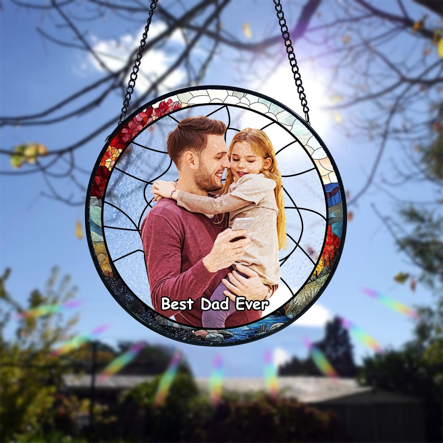 Personalized Dad Portrait Stained Glass Suncatcher, Dad and Kids Window Hanging, Father's Day Gifts, Gifts for Grandpa or Dad, New Dad Gifts (Sun-159)