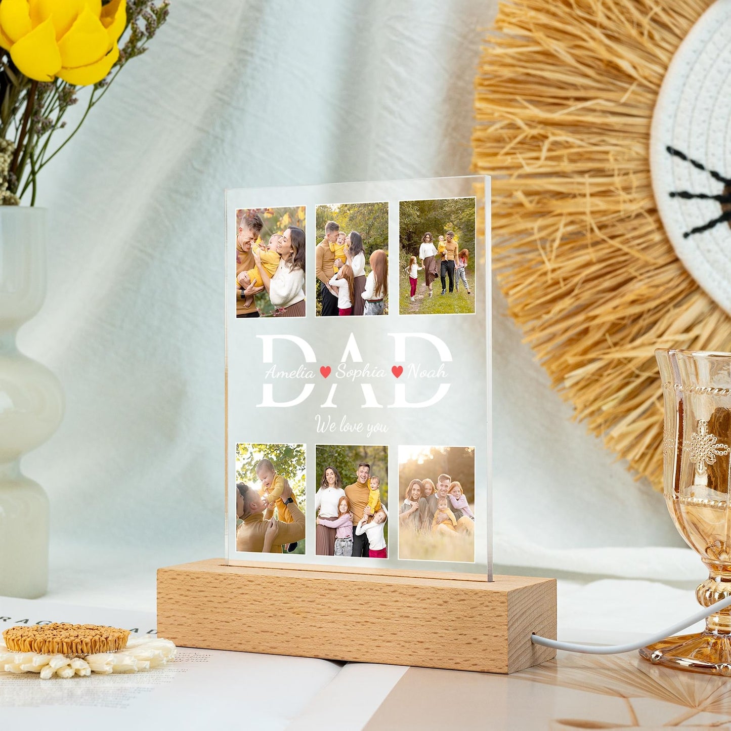 Dad Night Light with Family Photo, Unique LED Gift for Husband or Grandpa, Father’s Day or Birthday Present from Kids, Best Dad Keepsake (DNL-18)