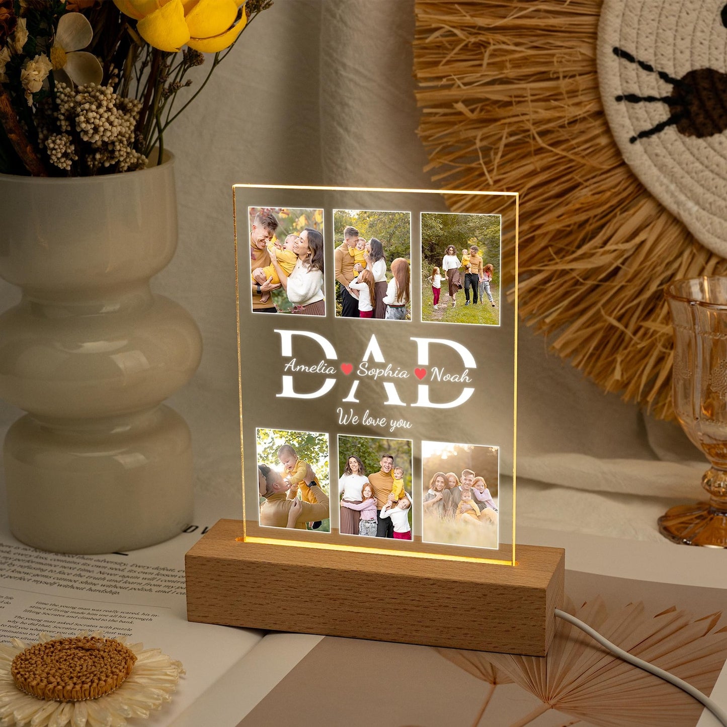 Dad Night Light with Family Photo, Unique LED Gift for Husband or Grandpa, Father’s Day or Birthday Present from Kids, Best Dad Keepsake (DNL-18)