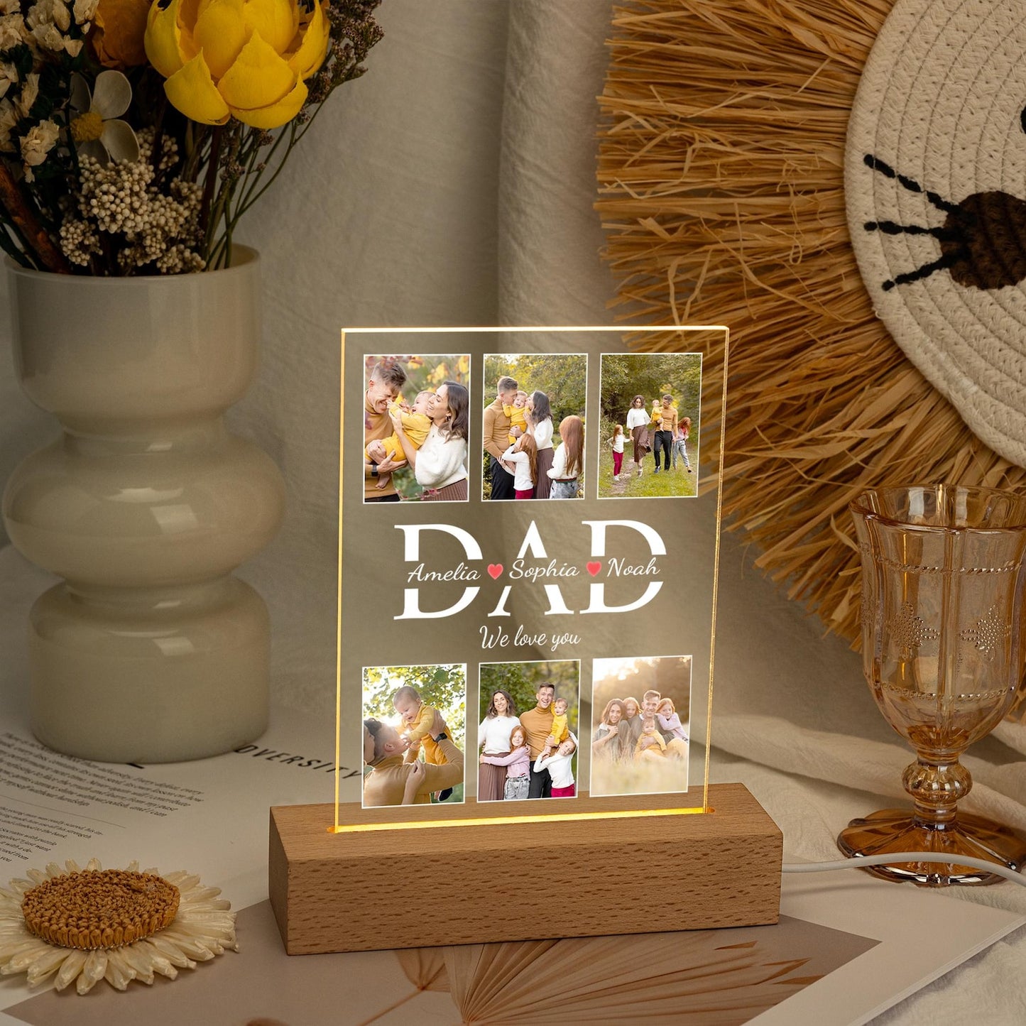 Dad Night Light with Family Photo, Unique LED Gift for Husband or Grandpa, Father’s Day or Birthday Present from Kids, Best Dad Keepsake (DNL-18)