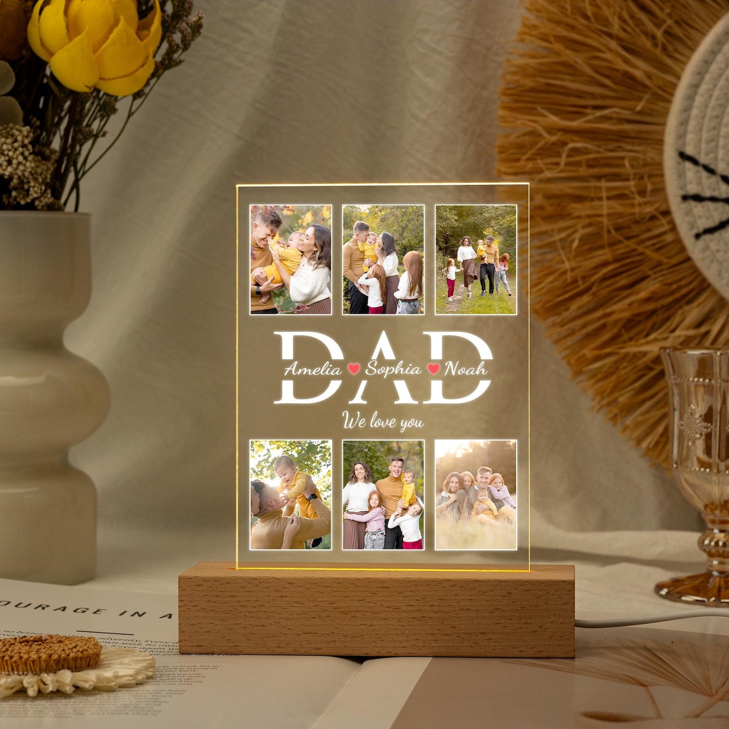 Dad Night Light with Family Photo, Unique LED Gift for Husband or Grandpa, Father’s Day or Birthday Present from Kids, Best Dad Keepsake (DNL-18)