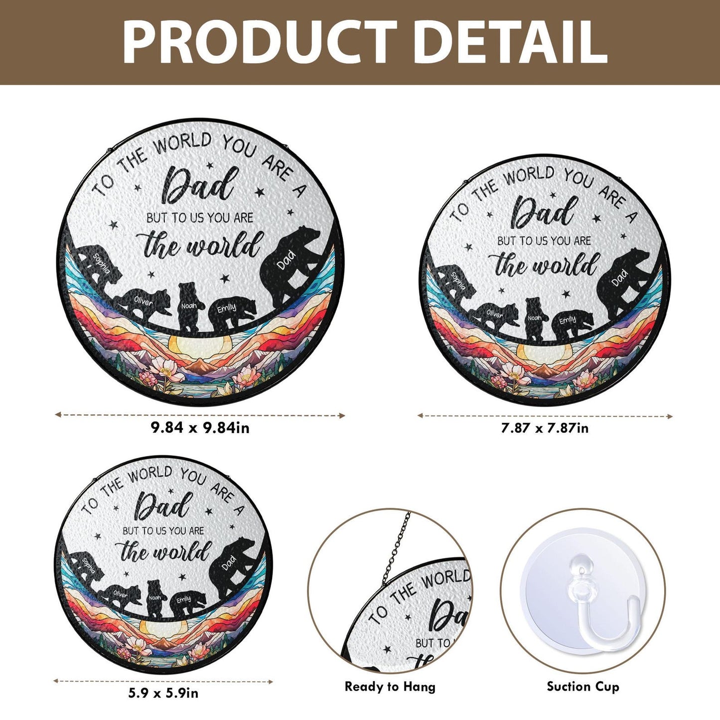 Personalized Bear Family Suncatcher for Dad – Custom Papa Bear Glass Window Ornament – Father’s Day Gift from Children – Birthday or Appreciation Gift for Papa (Sun-143)