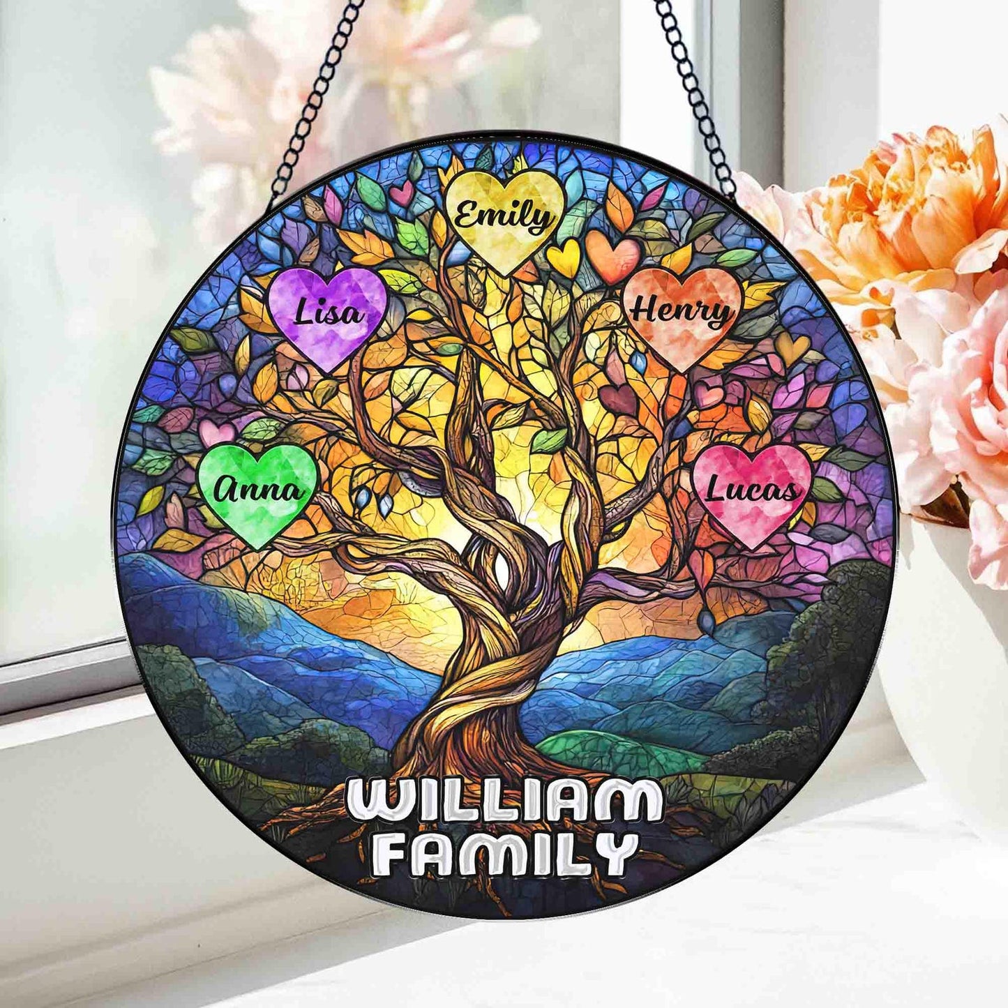 Personalized Family Tree Glass Suncatcher, Stained Glass Tree of Life, Family Names Glass Suncatcher, Family Keepsake, Family Stained Glass Window Decor (Sun-132)