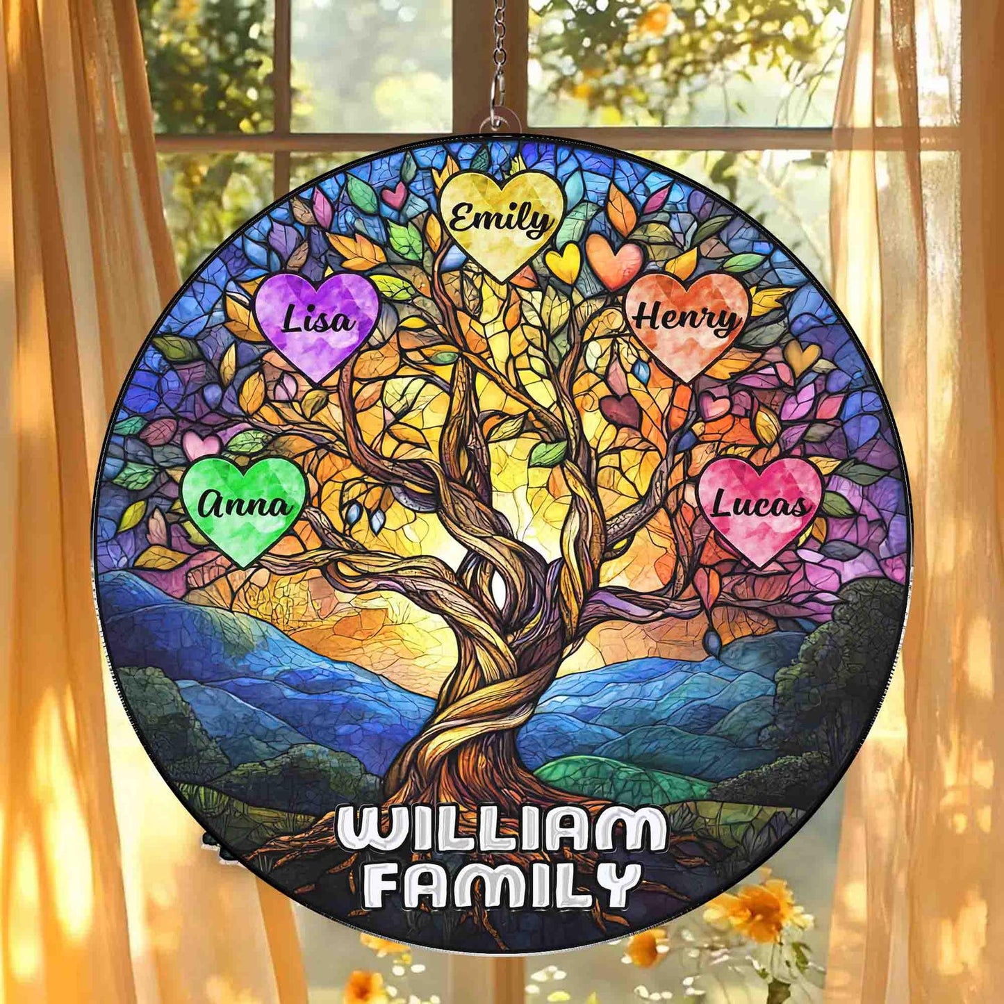 Personalized Family Tree Glass Suncatcher, Stained Glass Tree of Life, Family Names Glass Suncatcher, Family Keepsake, Family Stained Glass Window Decor (Sun-132)