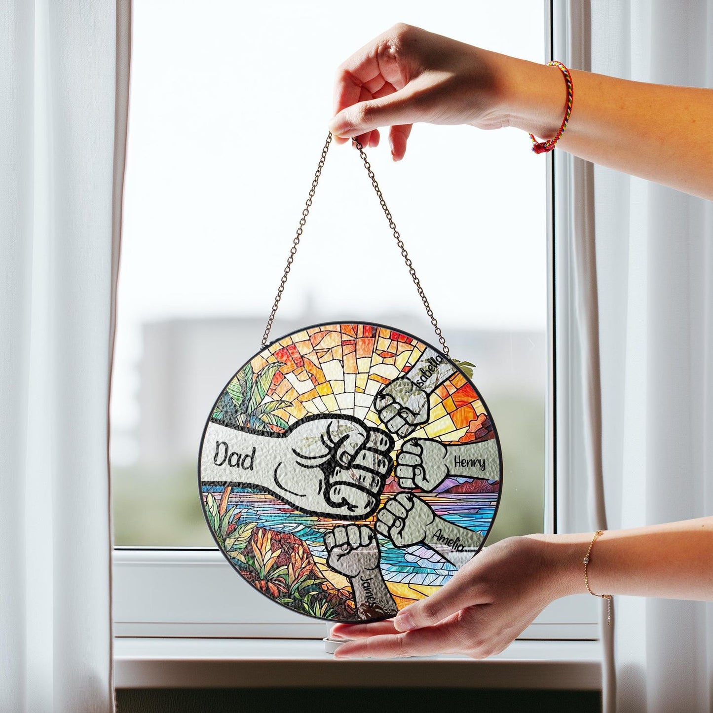 Personalized Fist Bump Dad Stained Glass Suncatcher, Father's Day Gift, Custom Dad With Kids Names, Family Name Suncatcher Window Hanging (Sun-153)