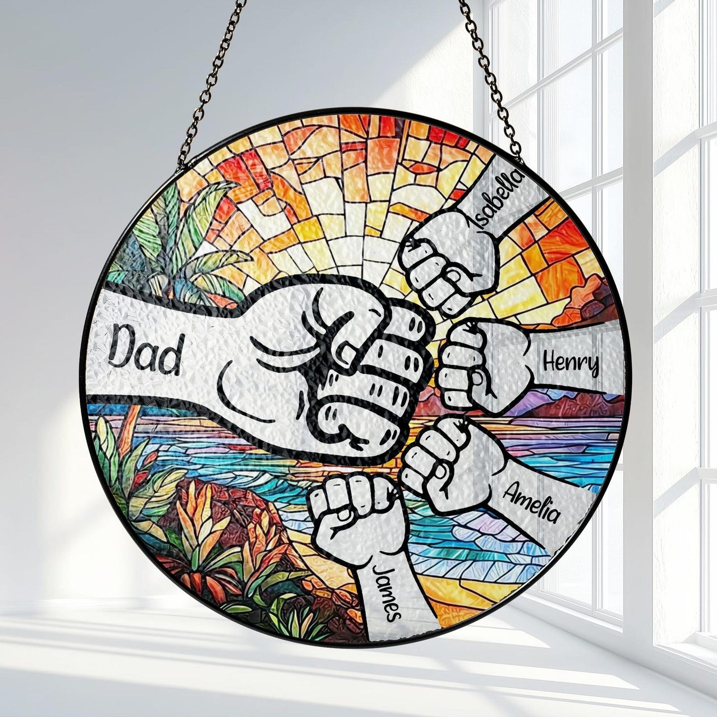 Personalized Fist Bump Dad Stained Glass Suncatcher, Father's Day Gift, Custom Dad With Kids Names, Family Name Suncatcher Window Hanging (Sun-153)