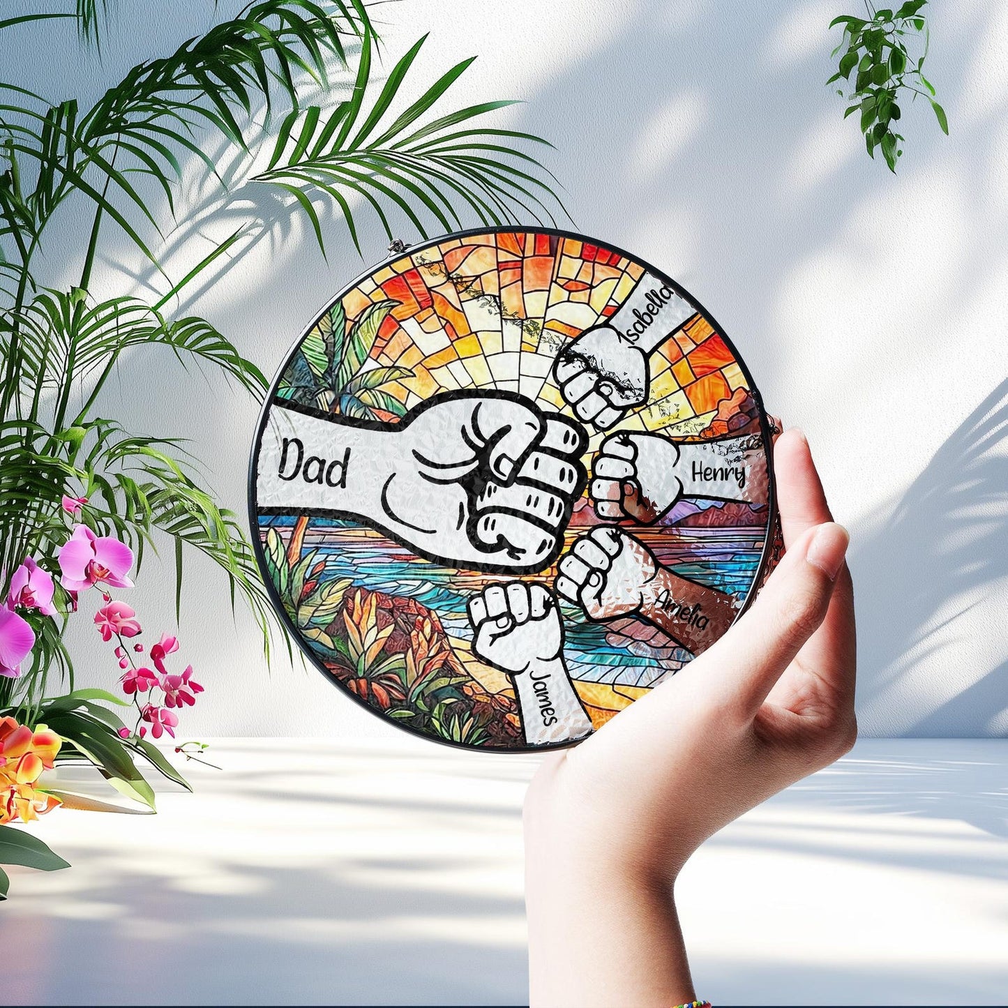 Personalized Fist Bump Dad Stained Glass Suncatcher, Father's Day Gift, Custom Dad With Kids Names, Family Name Suncatcher Window Hanging (Sun-153)