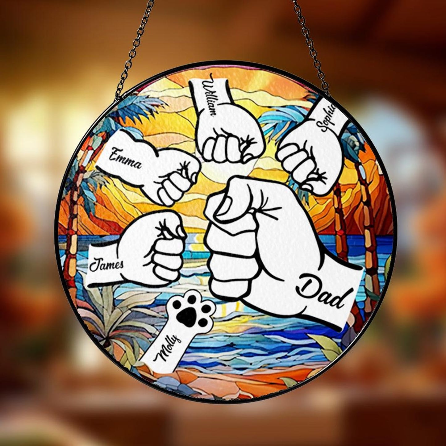 Custom Fist Bump Dad Glass Suncatcher, Custom Dad With Kids Names, Family Name Glass Suncatcher Window Hanging, Father's Day Gift (Sun-128)