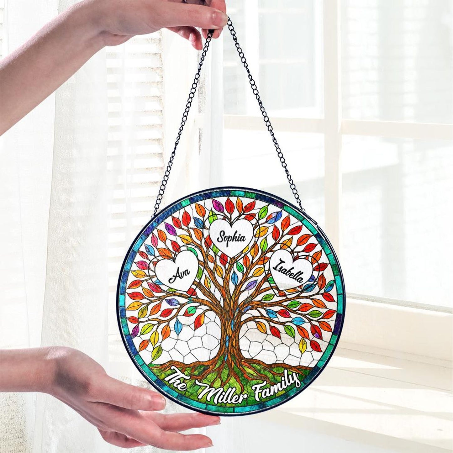 Custom Tree of Life Family Suncatcher, Family Stained Glass Ornament, Personalized Family Name Suncatcher, Family Keepsake (Sun-131)