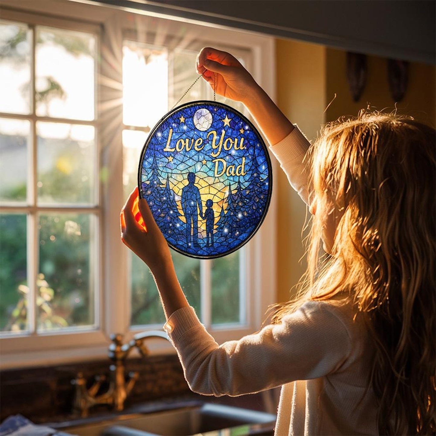 Celestial Father Daughter Glass Suncatcher, Round Window Hanging Decor, Love You Dad Gift, Father's Day Glass Suncatcher, Dad Gift Idea (Sun-144)