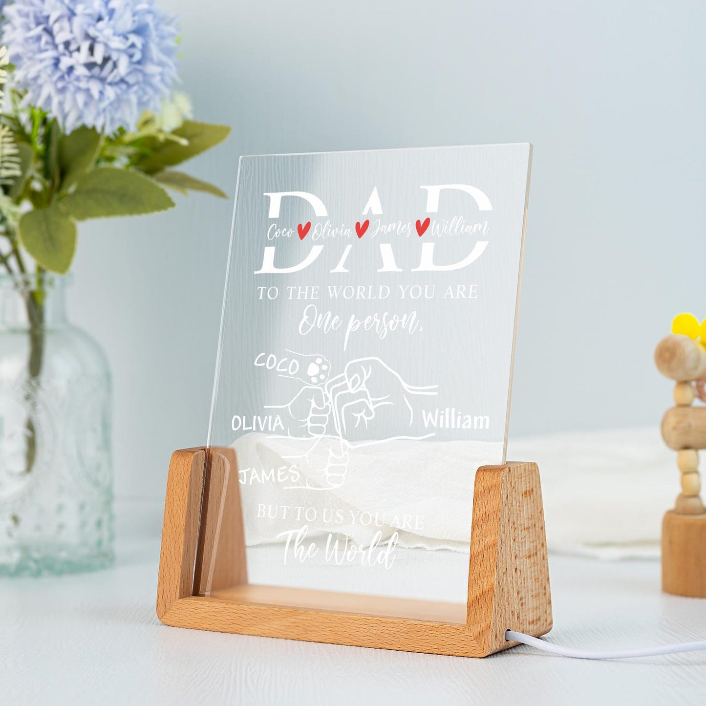 Personalized Dad Night Light, Family Fist Bump LED Lamp with Base, New Father Gift for Birthday or Father’s Day, Daddy’s Team Design (DNL-19)