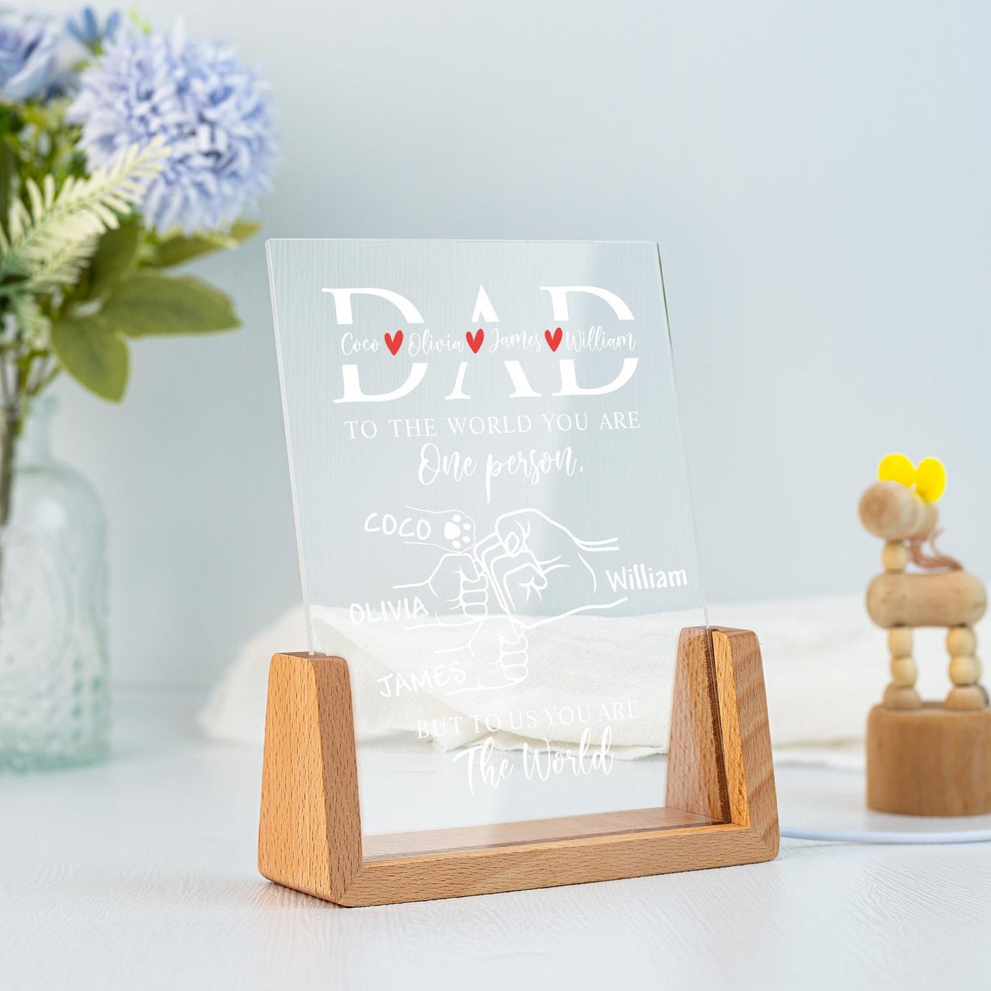 Personalized Dad Night Light, Family Fist Bump LED Lamp with Base, New Father Gift for Birthday or Father’s Day, Daddy’s Team Design (DNL-19)