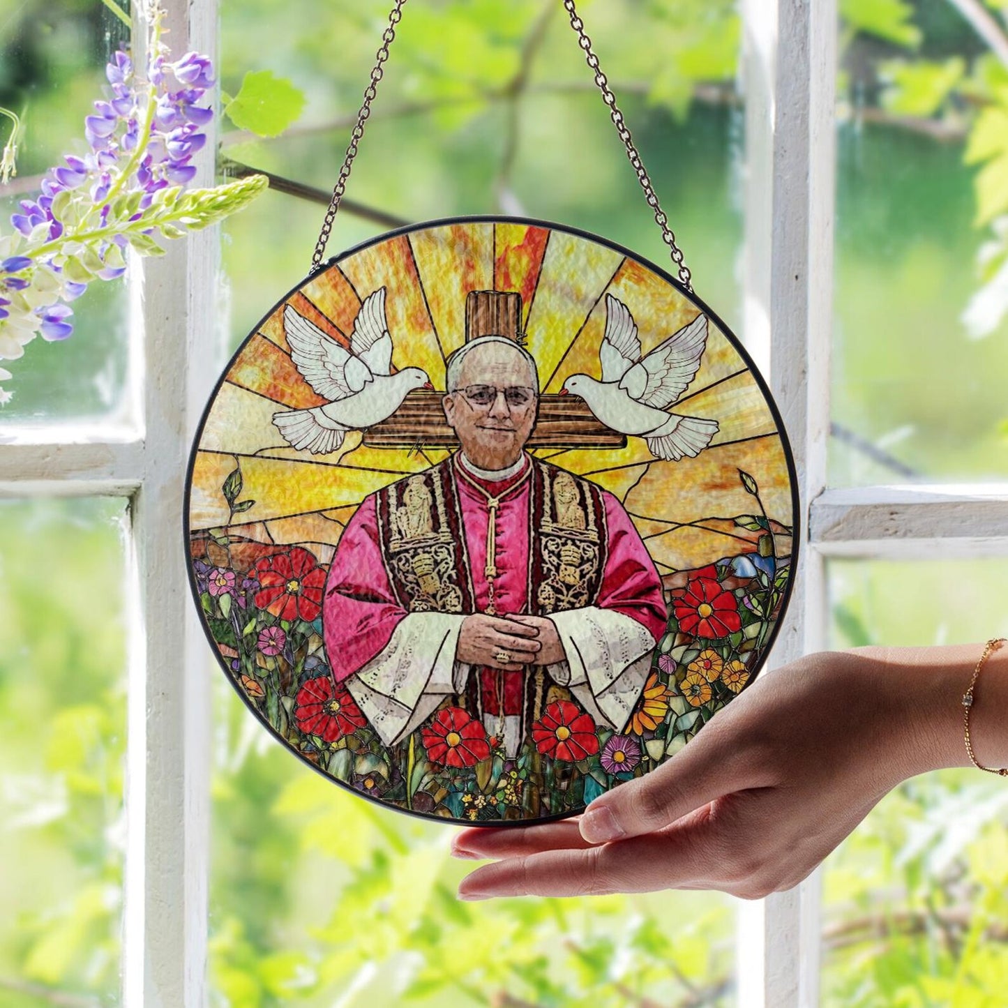 Catholic Glass Suncatcher with Pope and Doves, Stained Glass Style Window Hanging, Religious Christian Gift with Cross and Floral Design (Sun-119)