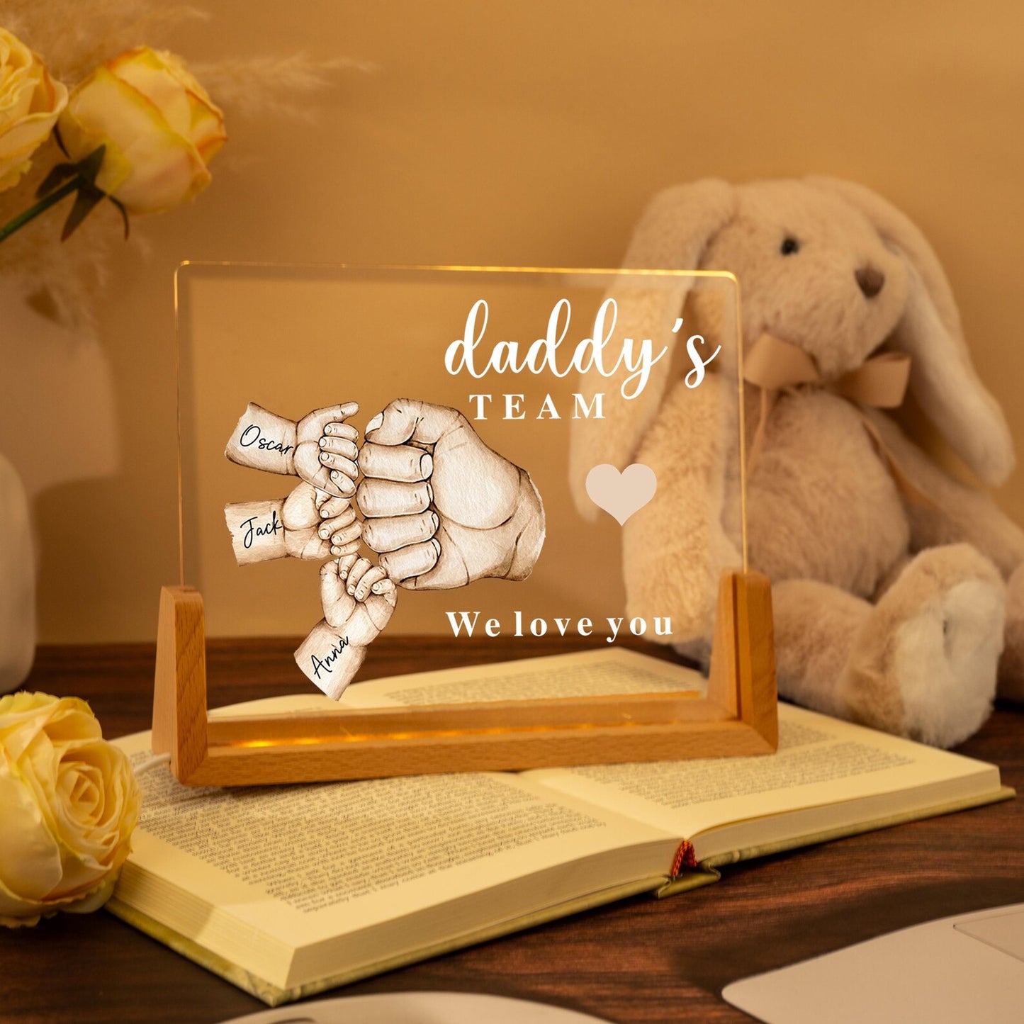 Personalized Dad Night Light, Custom Daddy’s Team Fist Bump LED Lamp, Unique Gift for Grandpa or Father, Father’s Day or Birthday Gift from Children (DNL-03)
