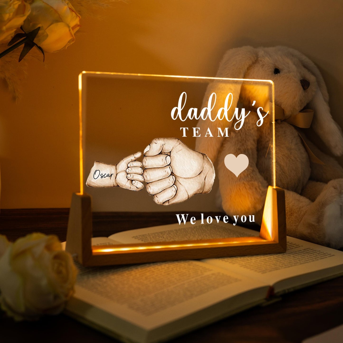 Personalized Dad Night Light, Custom Daddy’s Team Fist Bump LED Lamp, Unique Gift for Grandpa or Father, Father’s Day or Birthday Gift from Children (DNL-03)