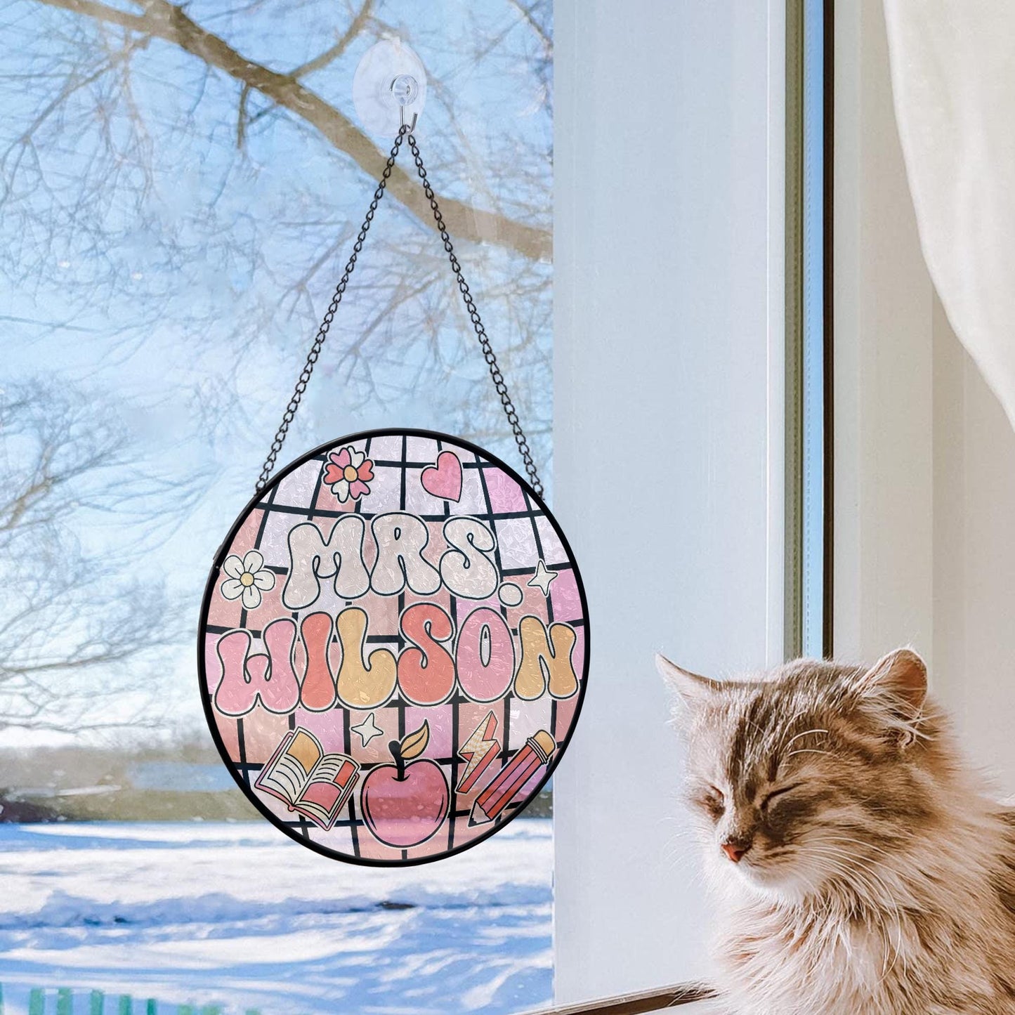 Teacher Stained Glass Suncatcher, Teacher Round Suncatcher, Name Gift for Teacher, Disco Ball Classroom Decor, Indoor Class Window Hanging (Sun-115)