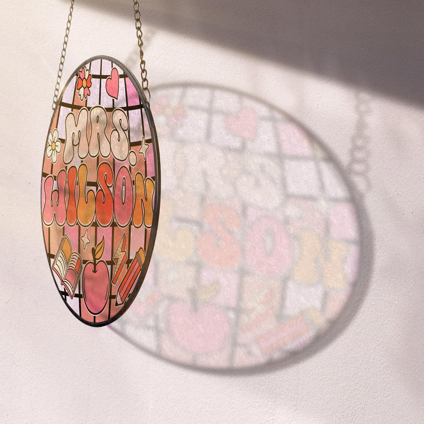 Teacher Stained Glass Suncatcher, Teacher Round Suncatcher, Name Gift for Teacher, Disco Ball Classroom Decor, Indoor Class Window Hanging (Sun-115)