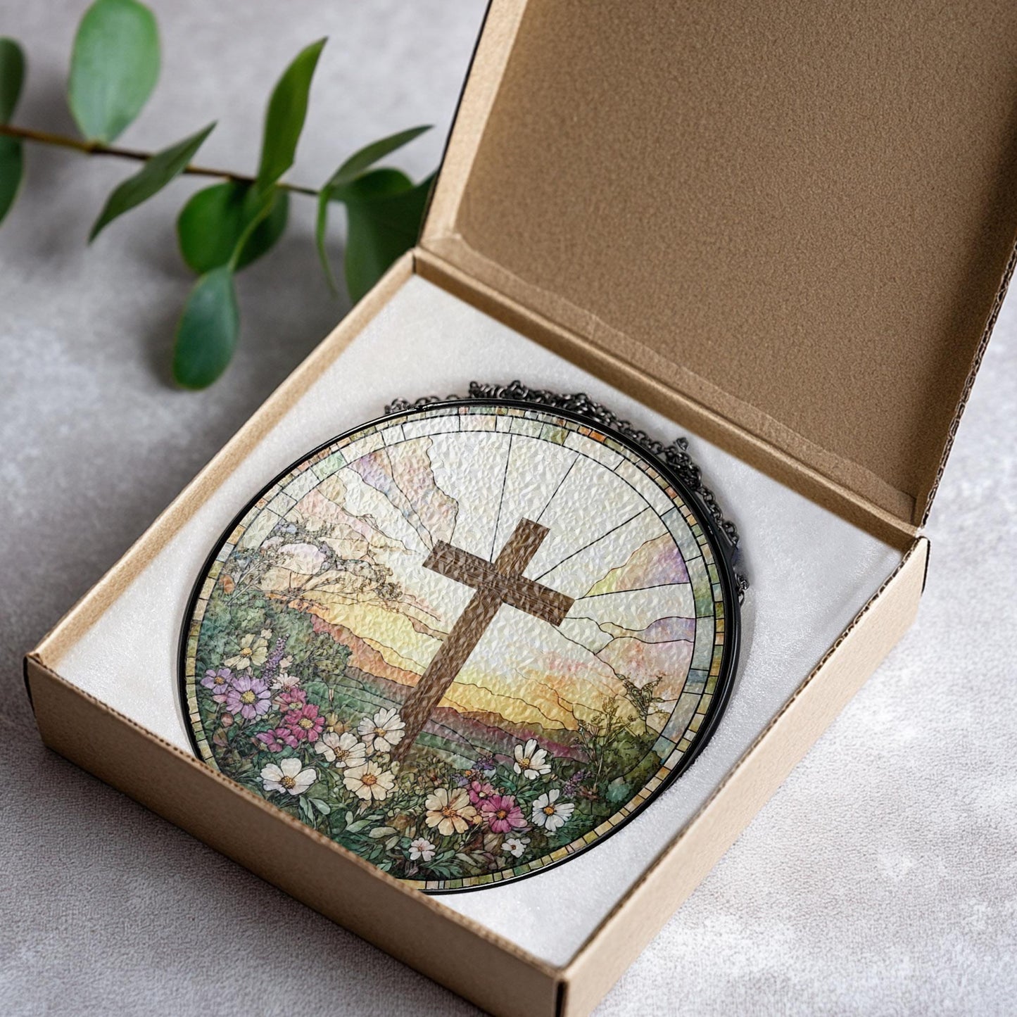 Stained Glass Cross And Wildflowers Suncatcher Christian Glass Windows Hanging Flower Cross Gift For Religious Easter Faith Cross Home Decor, Glass Suncatcer Decor (Sun-56)