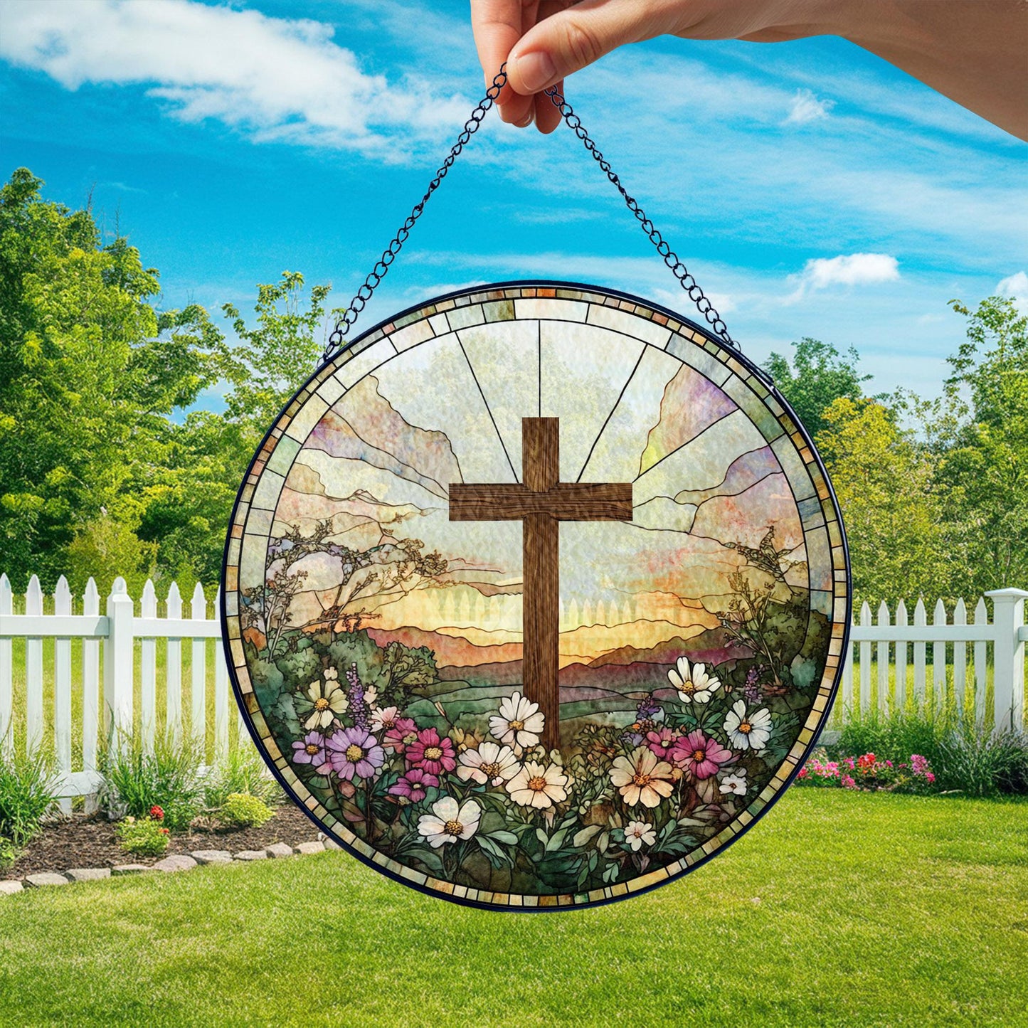 Stained Glass Cross And Wildflowers Suncatcher Christian Glass Windows Hanging Flower Cross Gift For Religious Easter Faith Cross Home Decor, Glass Suncatcer Decor (Sun-56)